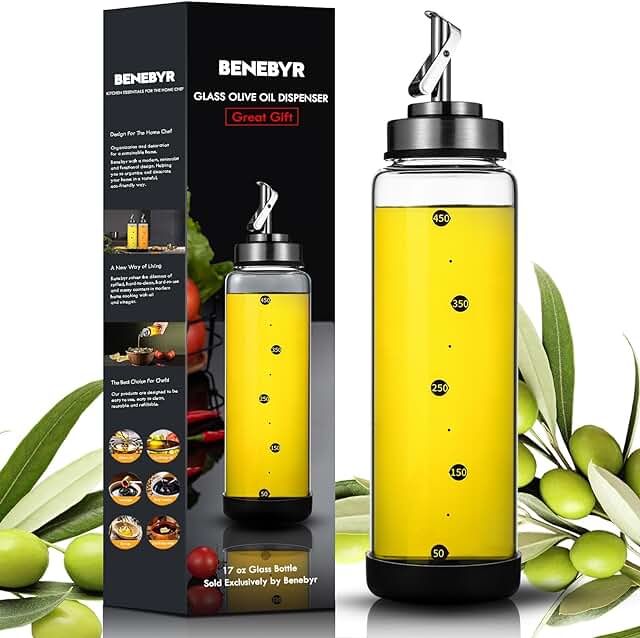 Glass Olive Oil Dispenser Bottle for Kitchen Shatterproof & Leakproof Co...