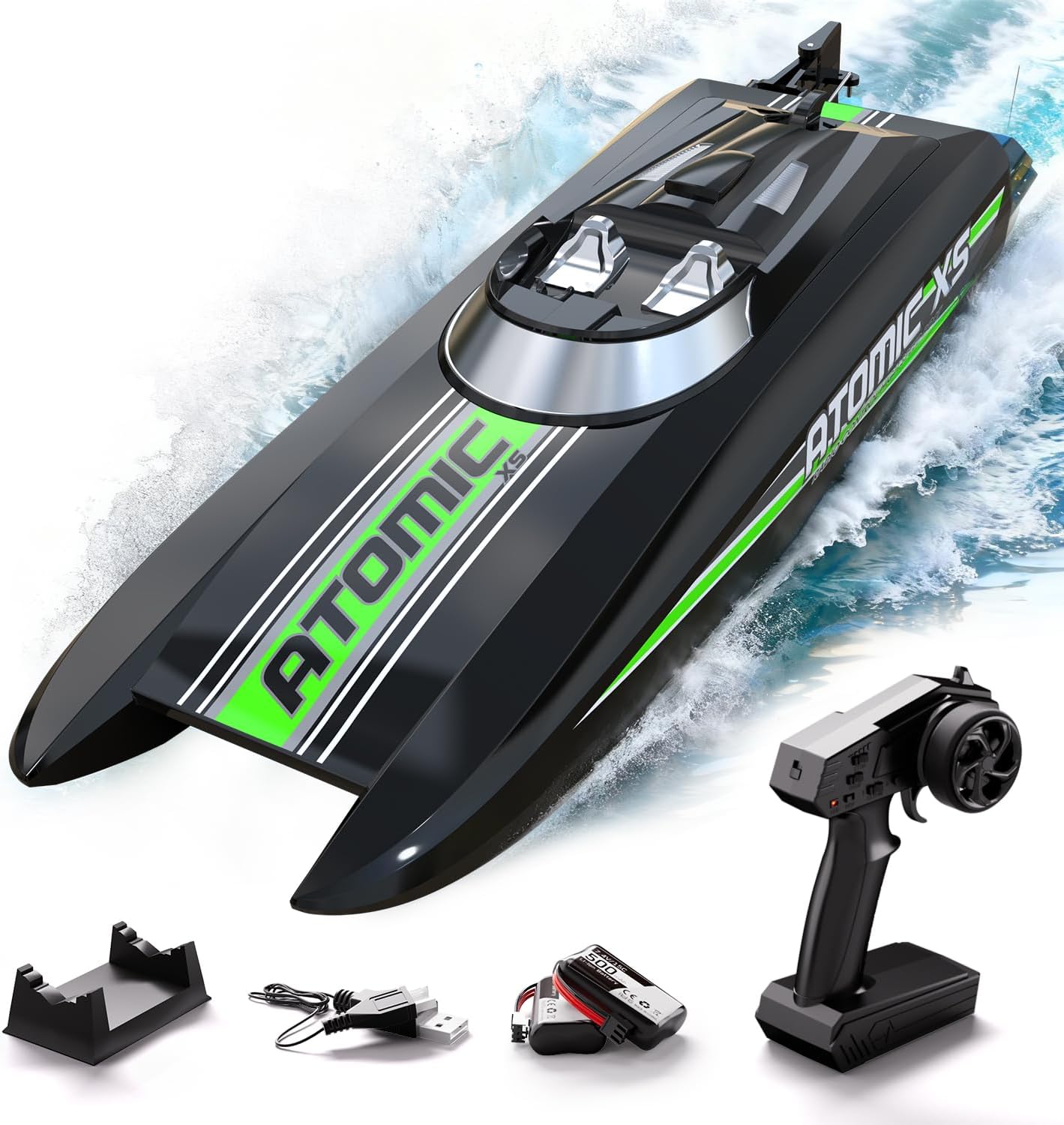 VolantexRC AtomicXS High Speed RC Boat 20+ MPH for Pools and Lakes with 2 Batteries and Reverse Function (795-5 Black)
