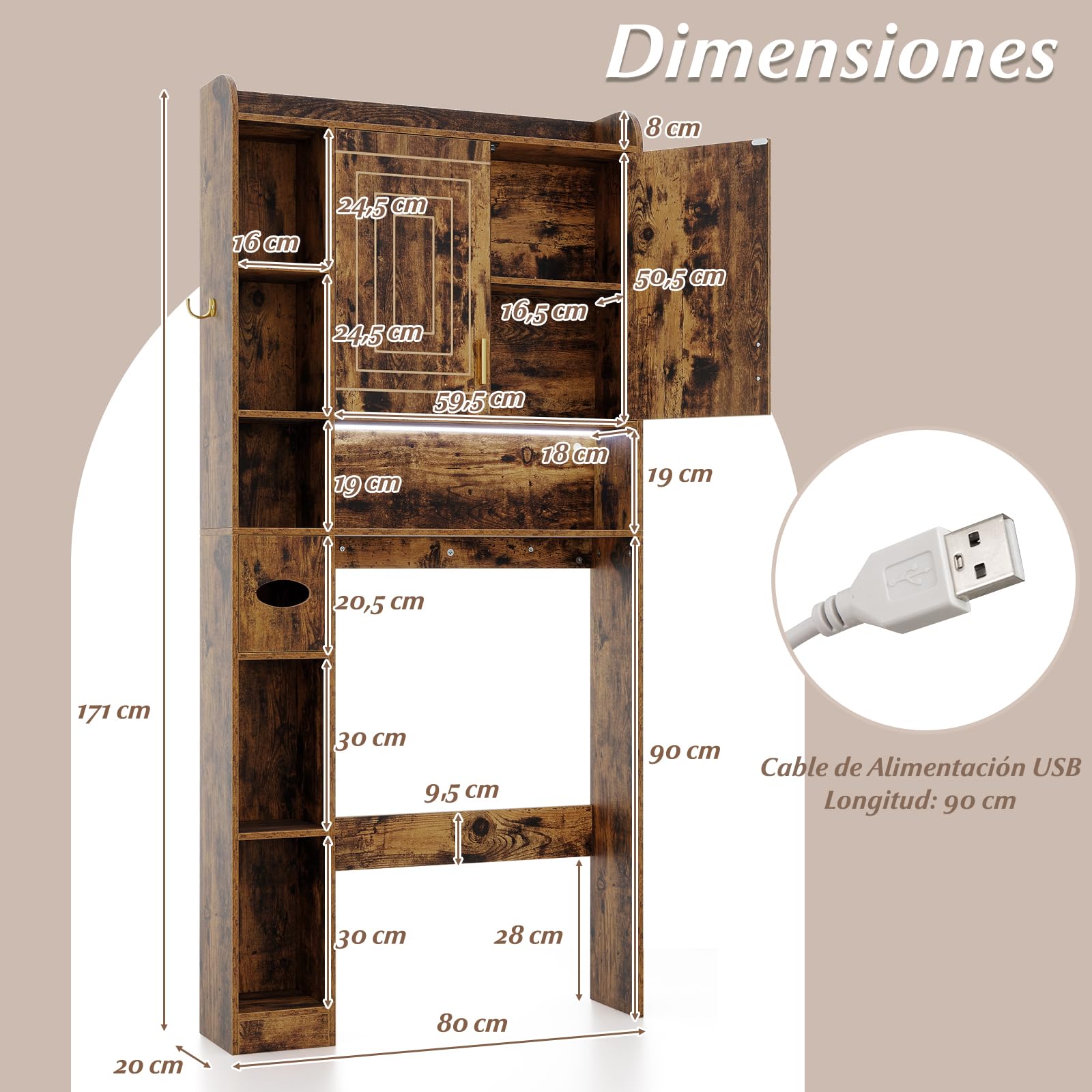 COSTWAY Mueble sobre Inodoro, Armario Independiente para Lavadora con Armario de 2 Puertas, 6 Compartimentos, Caja para Pañuelos, Gancho y Estante Ajustable, Estanterias Alta de Almacenaje (Café)