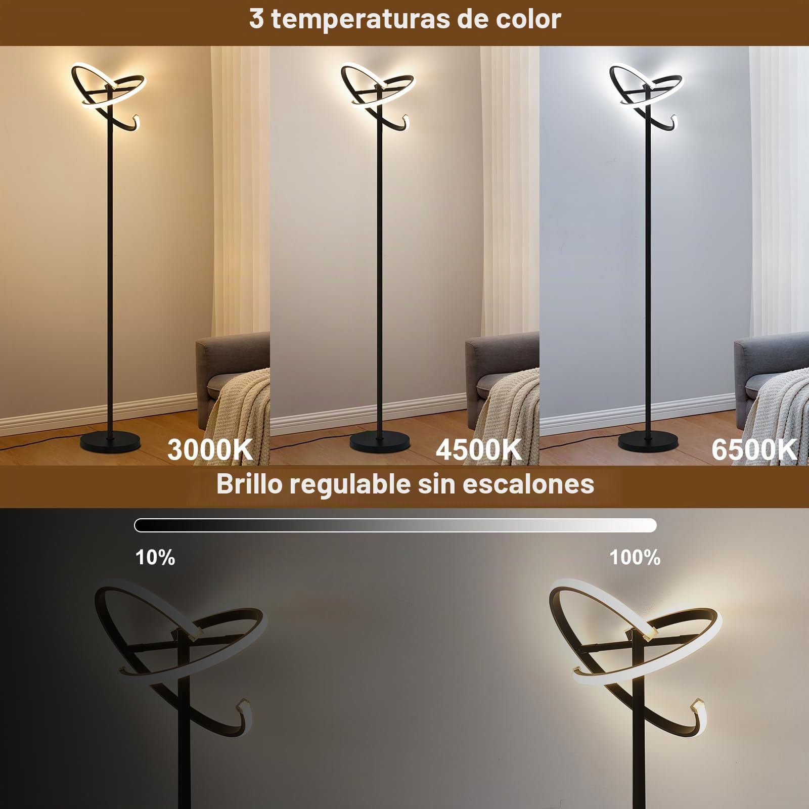 Lampara de Pie Moderna con Atenuación Continua 3000K-6500K Lámpara de Pie con Mando a Distancia y Interruptor de Pie 168cm Lamparas de Pie para Salon 3 Colores Diseño Ajustable 180°