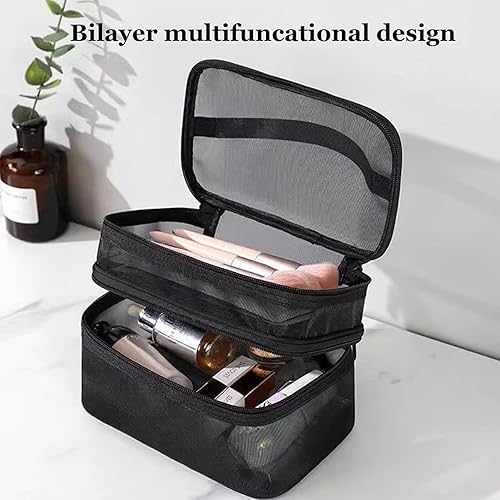 Miniatura 9 de Bolsa de maquillaje de viaje de doble capa, bolsa de cosméticos de malla, bolsa de maquillaje grande para mujer, bolsa de maquillaje organizadora