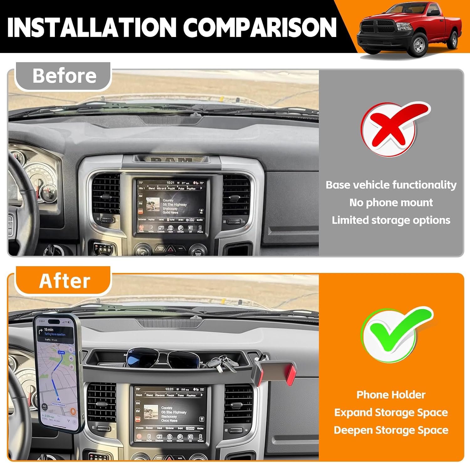 Dashboard Phone Holder Compatible with 2013-2018 Ram1500 2500 3500&2019-2024 Ram 1500 Classic Center Console Organizer Dash Tray Phone Mount for RAM Accessories(DodgeRam 2013-2018)