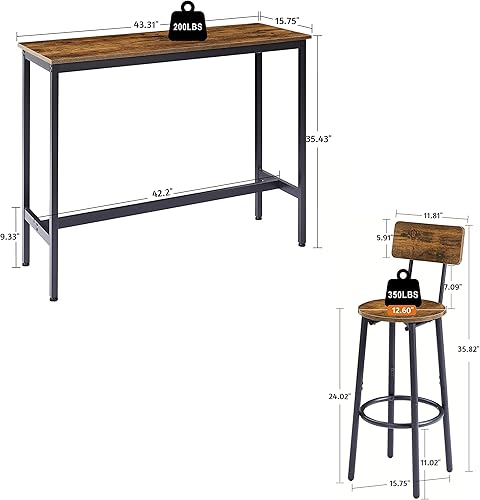 Miniatura 2 de GLANZEND W1162 Barra rectangular de 43 pulgadas de ancho, juegos de sillas de altura de mostrador de 3 piezas que incluyen 2 taburetes traseros