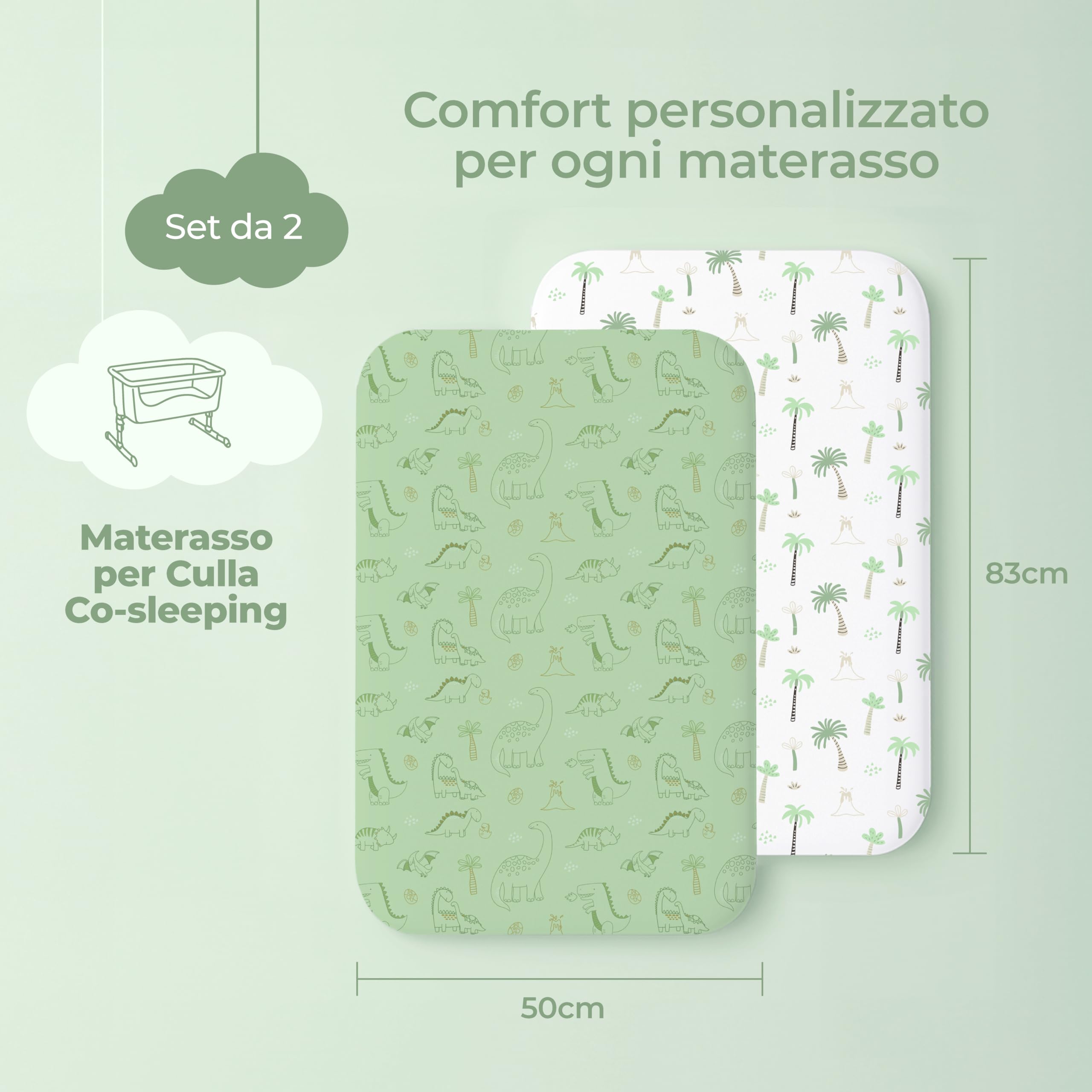 Dreamzie Set 2 Lenzuola Culla 50x83 Cotone - Lenzuolo Con Angoli, Oeko-Tex Certificato - Lenzuola Per Carrozzina E Culla Neonato - Dinosauro Bianco/Verde Salvia