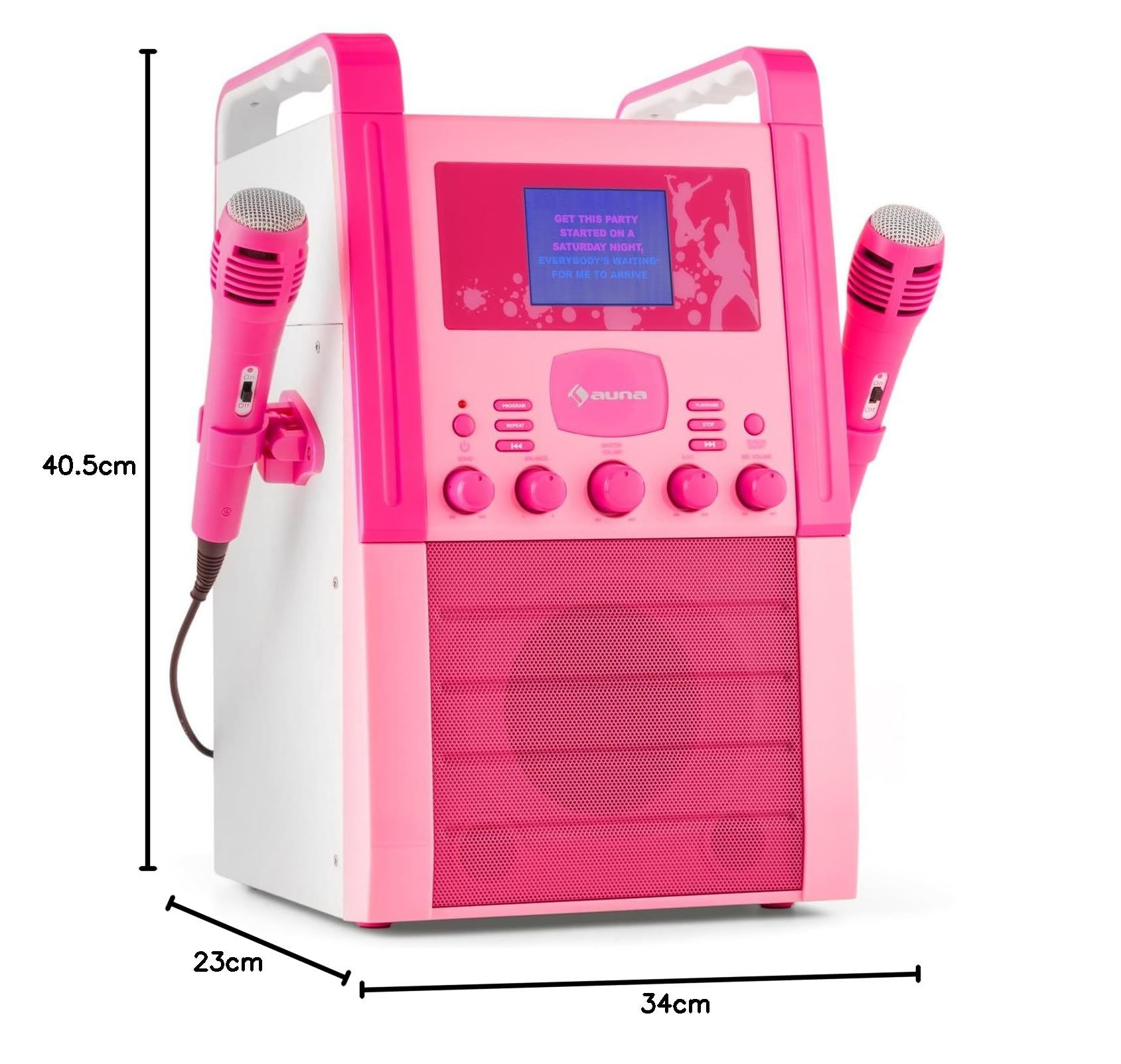 AUNA KA8P-V2 BK - Reproductor de Karaoke, 2 micrófonos, Altavoces, Reproductor CD+G, Pantalla TFT, Salida Video, AUX, Rosa