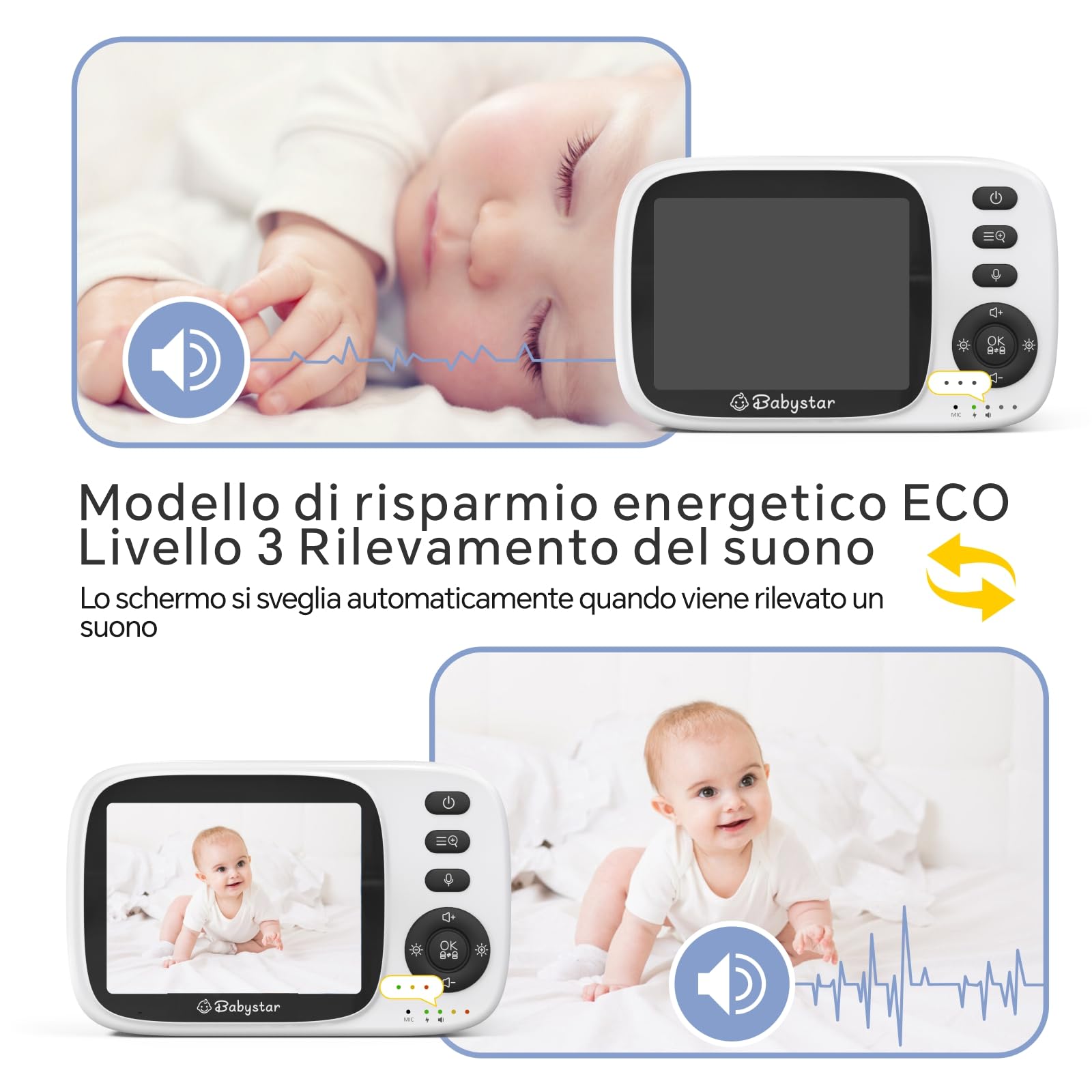 Babystar Babyphone con fotocamera, video da 3,2 pollici, visione notturna, monitoraggio della temperatura, modulo VOX a due vie, baby monitor da 2,4 GHz, ideale per genitori