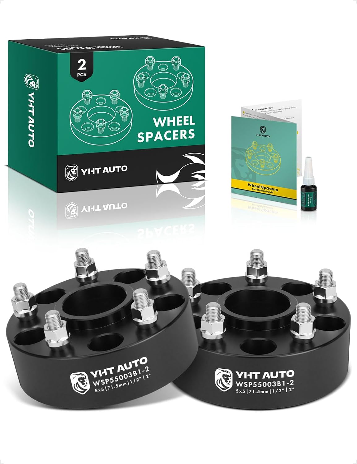 YHTAUTO 5x5 Hub Centric Wheel Spacers 2 Inch Fits XK WJ WK JKU JL Jeep Grand Cherokee Commander & Dodge Journey 5x127mm Tire Spacers w/1/2-20 & 12.9 Grade Studs 71.5mm Hub Bore 5 Lug 2PCS Black