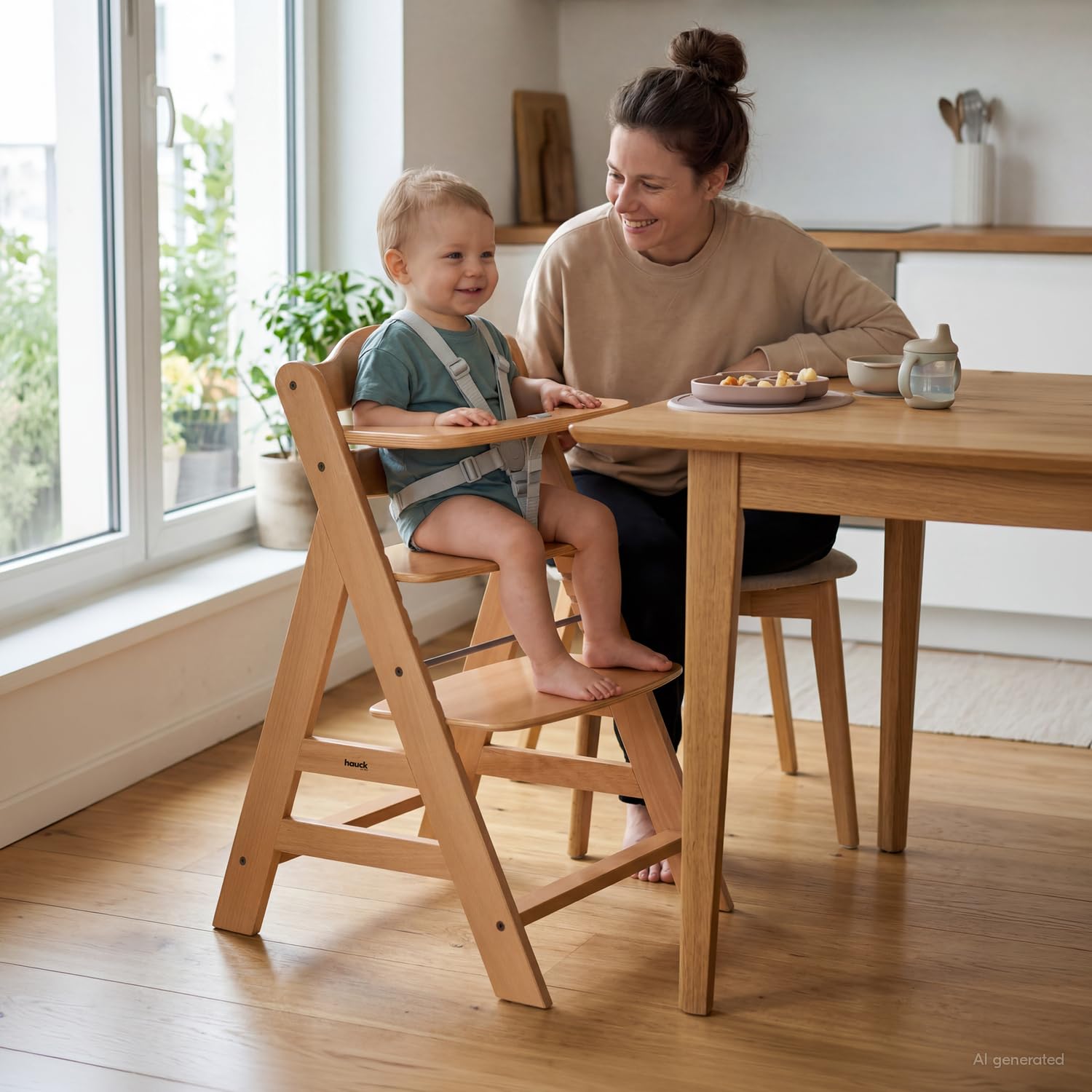 Hauck Alpha+ Holz Hochstuhl Baby mitwachsend 6 Monate bis 90 kg, Natural, 5-Punkt-Gurt, 8-fach verstellbar