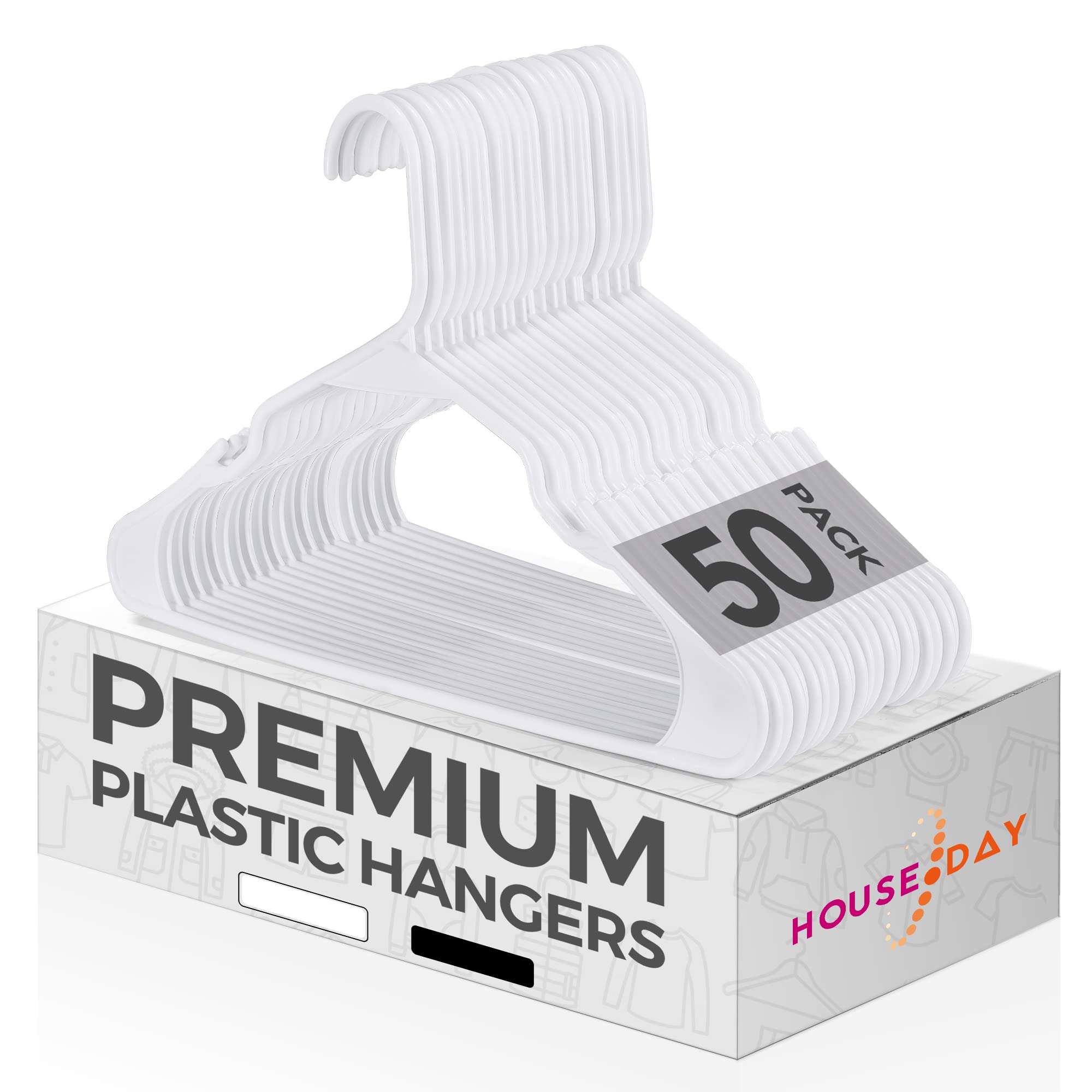 HOUSE DAYStrong White Plastic Coat Hangers 50 pack 16.5" / 42cm wide, Fit for Adult, Children above 10, Odourless Package, with Convenient Hooks