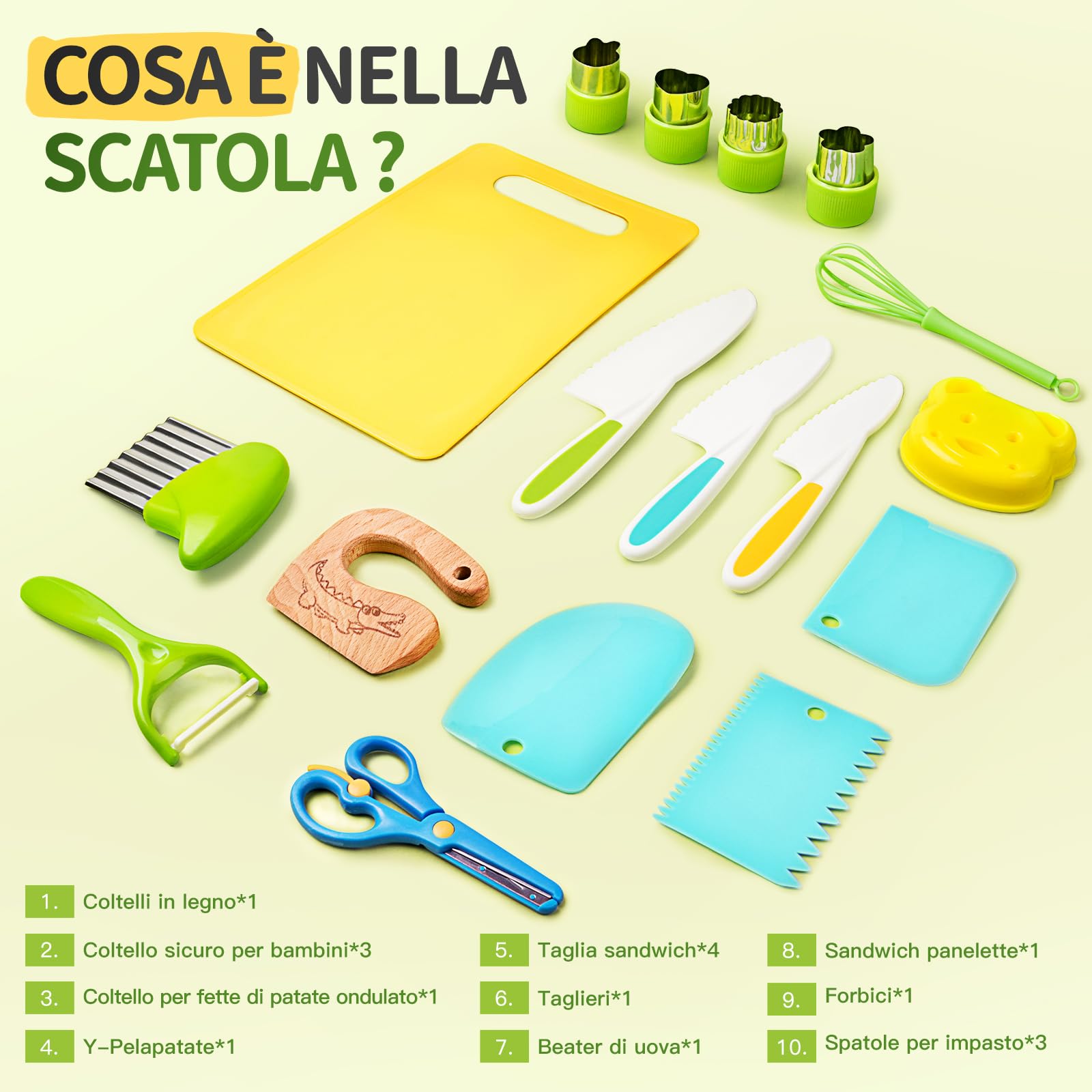 Set di Coltello da Cucina per Bambini per la vera cucina- 17 pezzi Coltelli di sicurezza per bambini per tagliare e cuocere frutta o verdura | Utensili Cucina Montessori, Reale Set Cucina per bambini