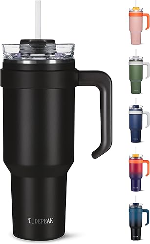 Miniatura 1 de Vaso de 40 onzas con asa, vaso aislado con tapa y popote, botella de agua deportiva de metal grande, taza térmica de viaje de acero inoxidable,