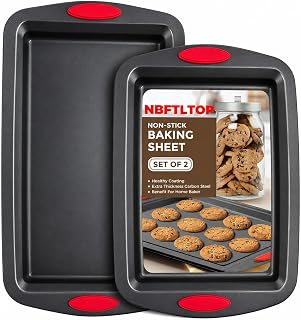 Baking Sheet Set, 2-Piece Cookie Sheet Set with Silicone Handles, Durable Carbon Steel Baking Supplies with Silicone Handle, Cookie Sheets for Baking Easy Clean, Black Baking Tray