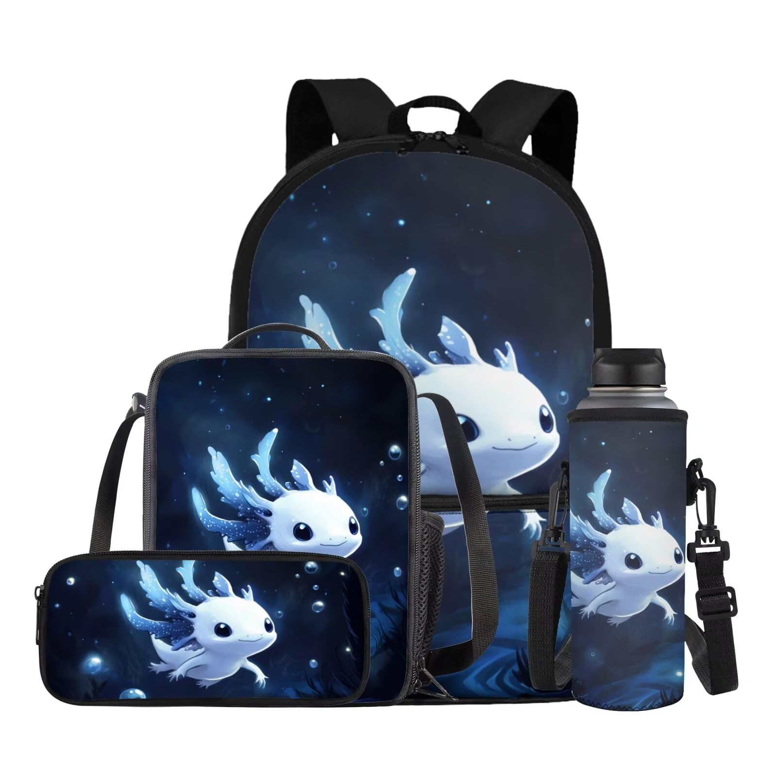 Zaino scolastico per ragazzi dai 4 agli 8 anni, leggero, con borsa per il pranzo, 4 pezzi, set di libri per bambini per la scuola, Piccolo Axolotl, M, Classico