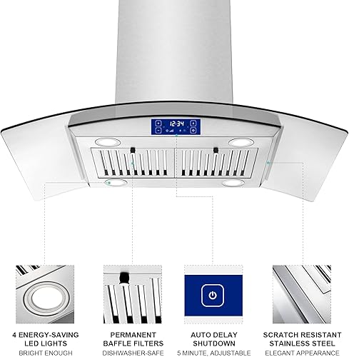 Miniatura 5 de Campana extractora de isla de 36 pulgadas, 700 CFM, control táctil y gestos, montaje en techo, acero inoxidable con canalizadoconvertible, campana
