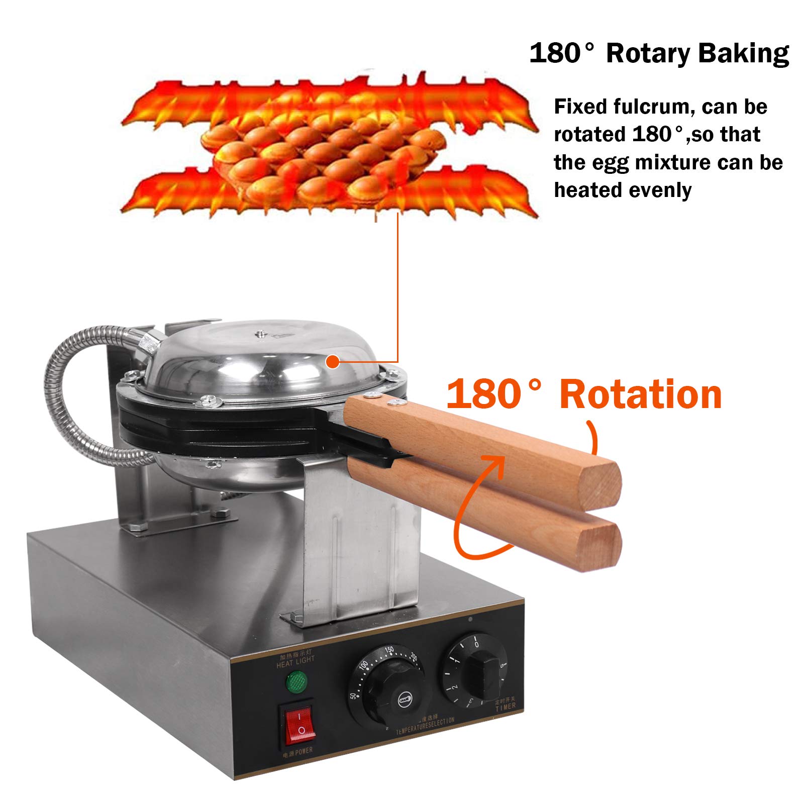 Fayelong Gaffle Huevos de Hong Kong Aparato para Pasteles de Acero Inoxidable Eléctrico Antiadherente Giratorio Profesional 220 V 1400 W