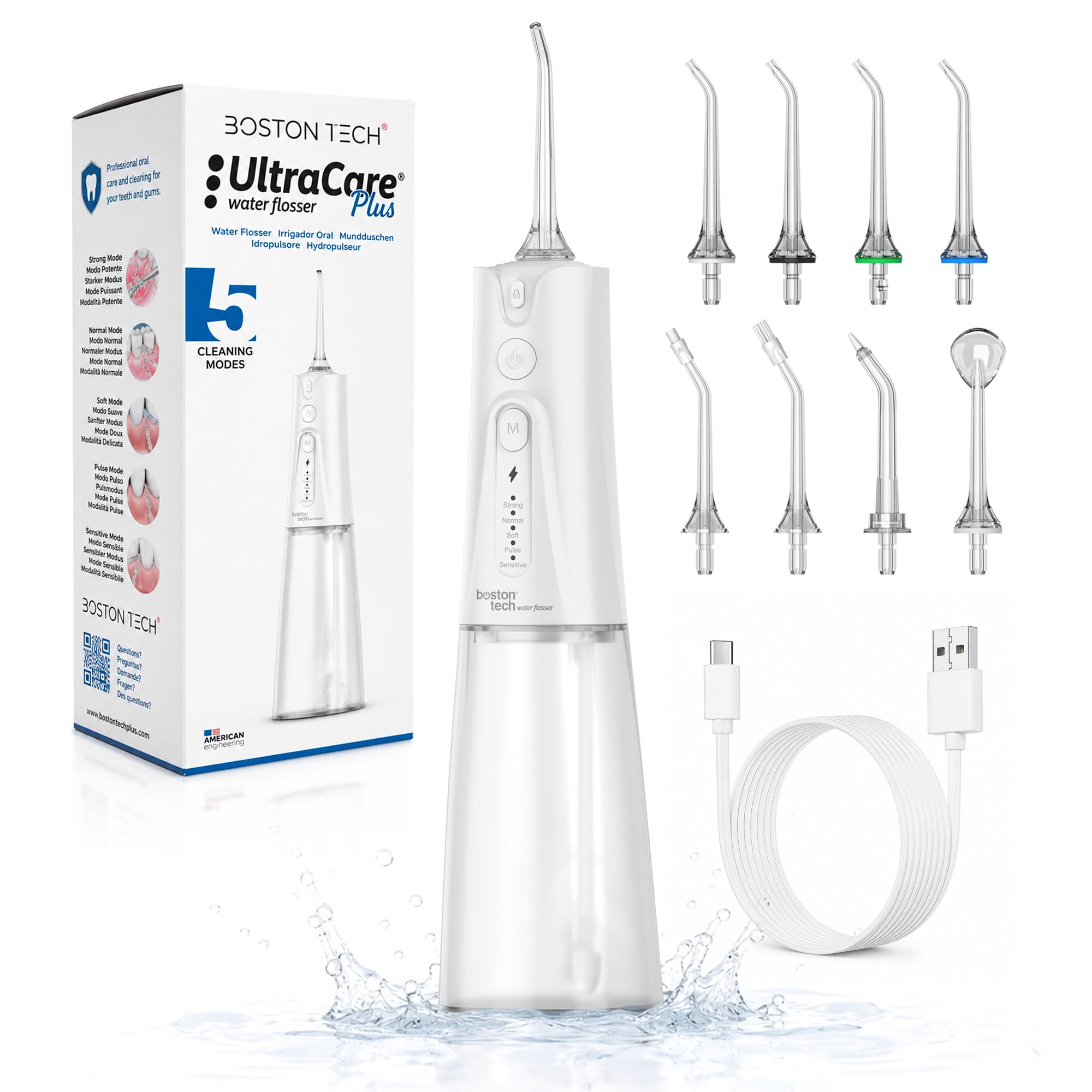 Aquapik Irrigador Dental Portátil, Irrigador Bucal Inalámbrico con 8 Boquillas y 4 Modos, Depósito 300 ml, USB-C Recargable, IPX7, Water Flosser para Brackets, Implantes y Viajes (Blanco)