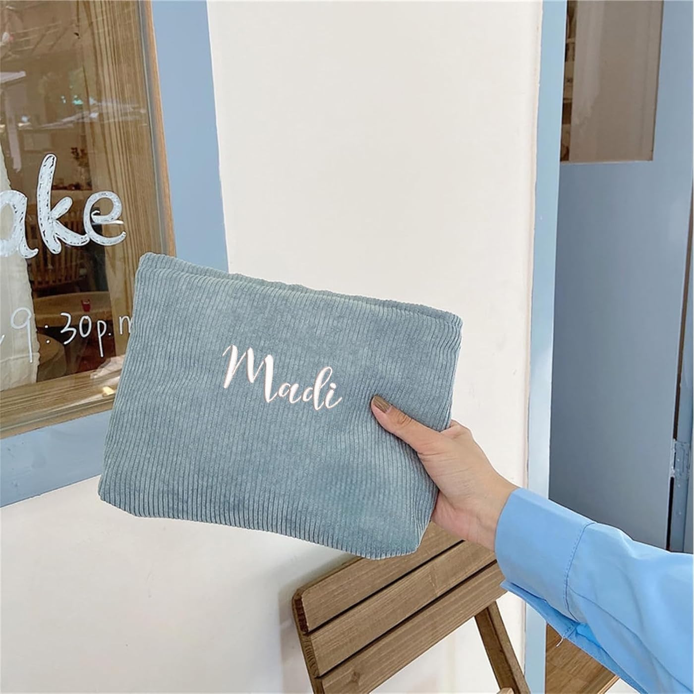 Personalised Corduroy Makeup Bag-Zippered Cosmetic Bag For Women Custom Embroidered Makeuo Pouch Organizer Gift for Her (6, Baby Blue)