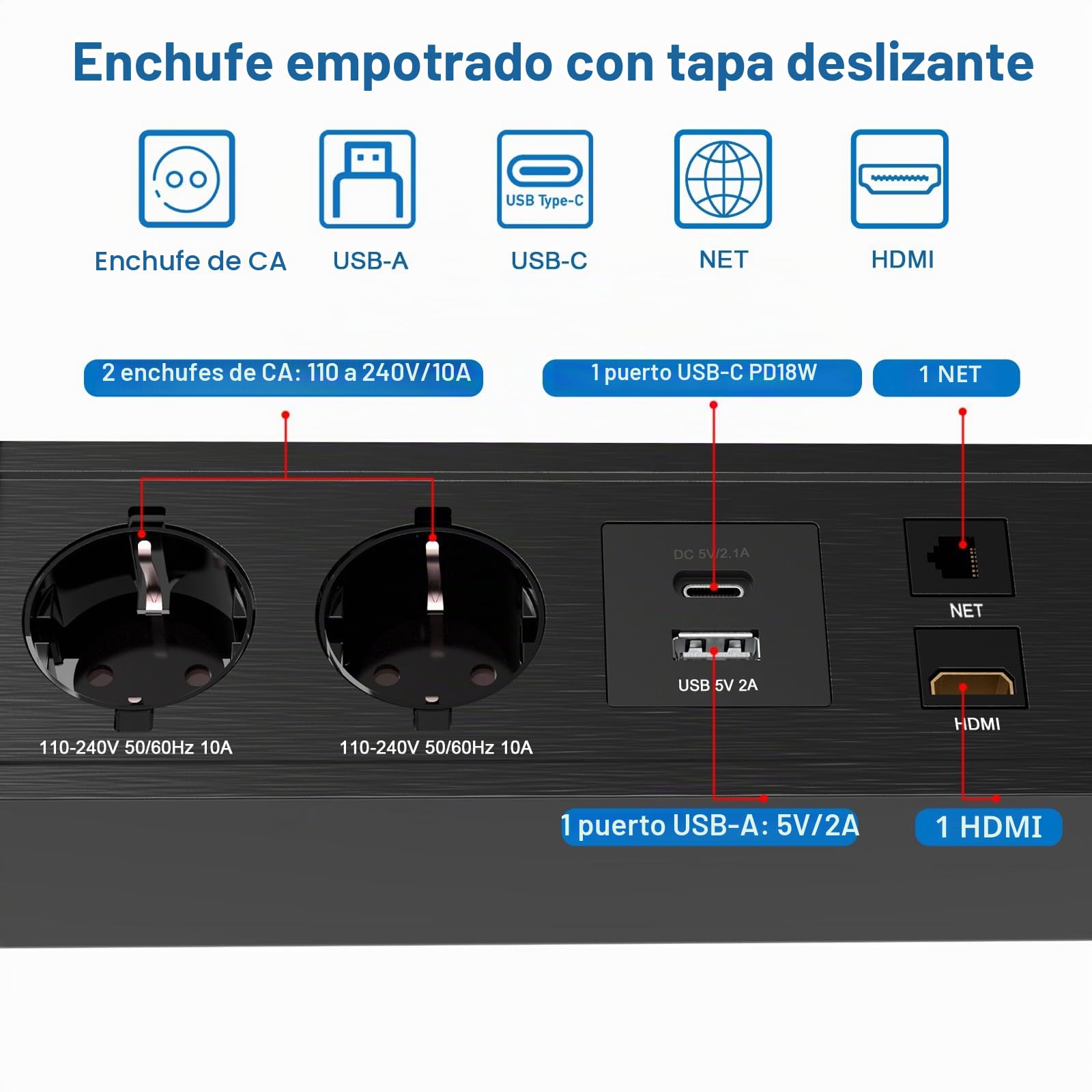 Enchufe de escritorio con cubierta deslizante, enchufe empotrado con 2 enchufes, 1 USB, 1 tipo C, interfaz de red HDMI TD, regleta eléctrica de aluminio para escritorio de oficina, cocina