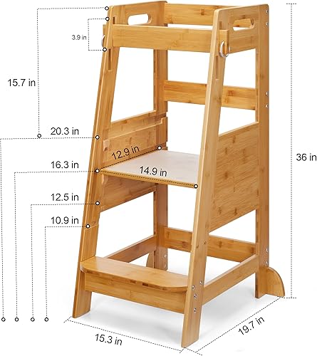 Miniatura 4 de TOETOL Taburete de bambú para niños pequeños, taburete de aprendizaje de pie de cocina natural de 3 alturas ajustables, taburete para encimera de