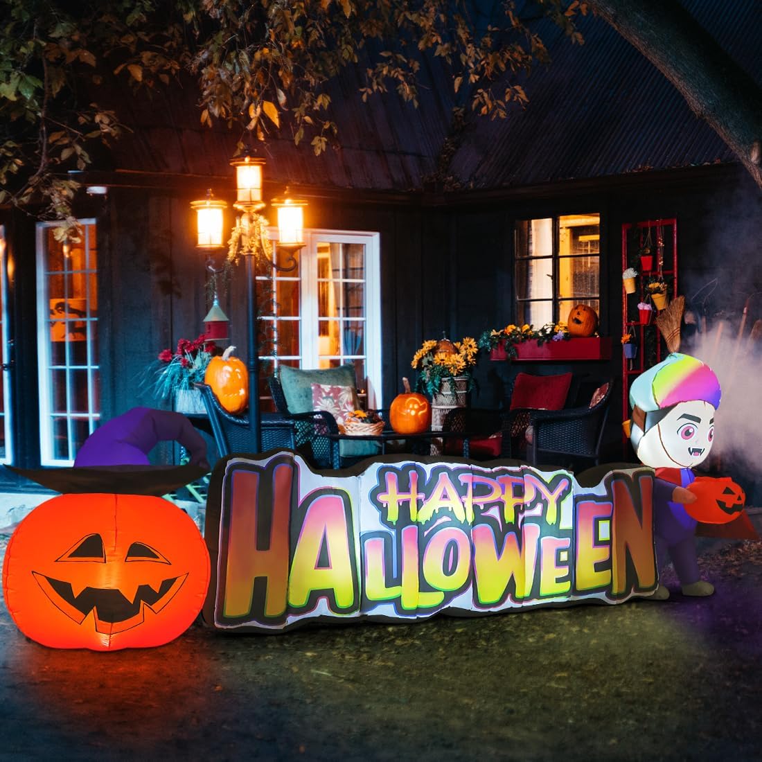 GOOSH 11.5 FT Happy Halloween Inflatables Outdoor Decorations Vampire with Pumpkin Blow Up Yard Decorations Long with LED Lights Holiday for Halloween Party Yard Garden Lawn