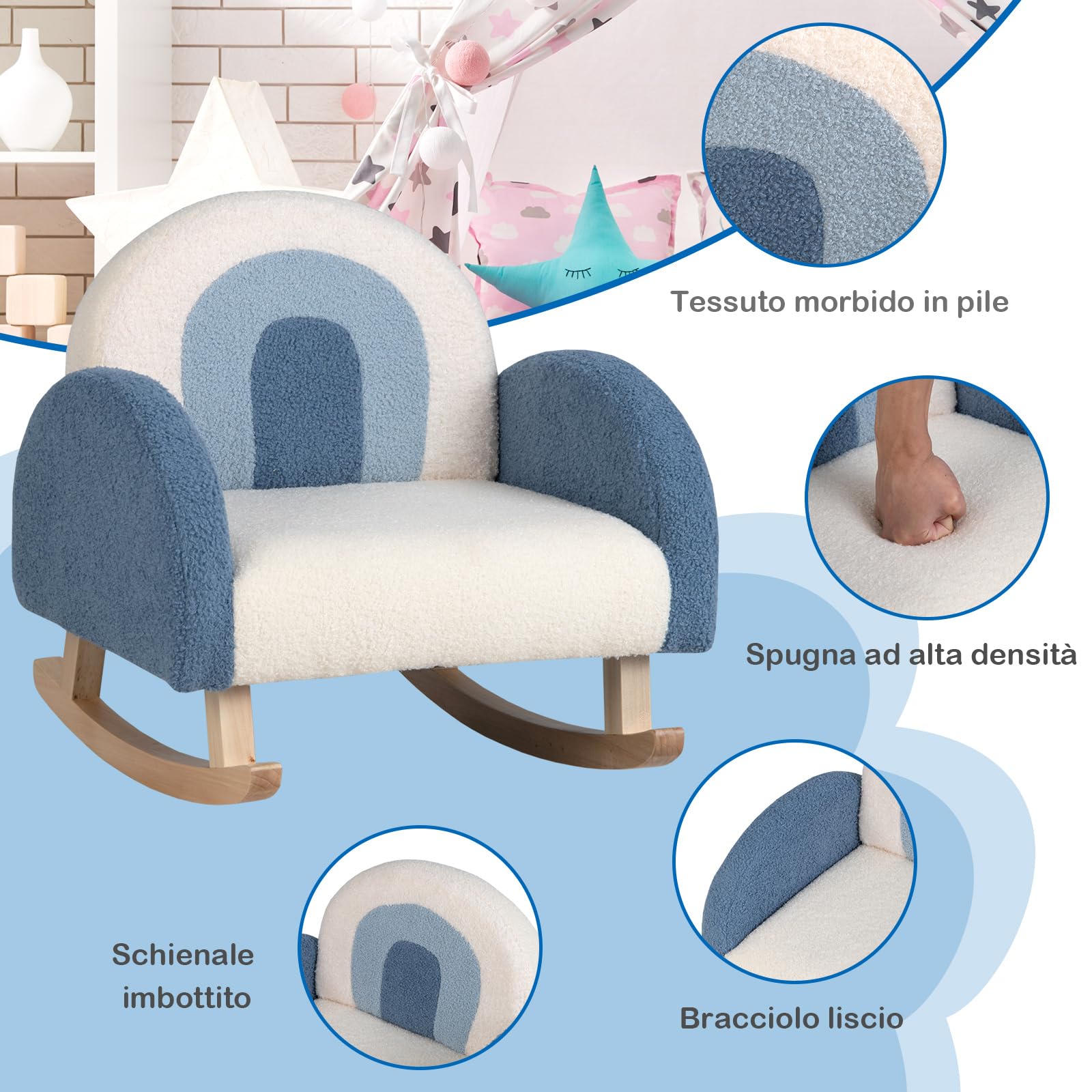 COSTWAY Sedia a Dondolo per Bambini con Gambe in Legno Massello, Poltrona per Bambini di 3-5 Anni, Divanetto Singolo Imbottito per Cameretta, 50,5 x 49 x 50,5 cm, Portata 50 kg (Blu)