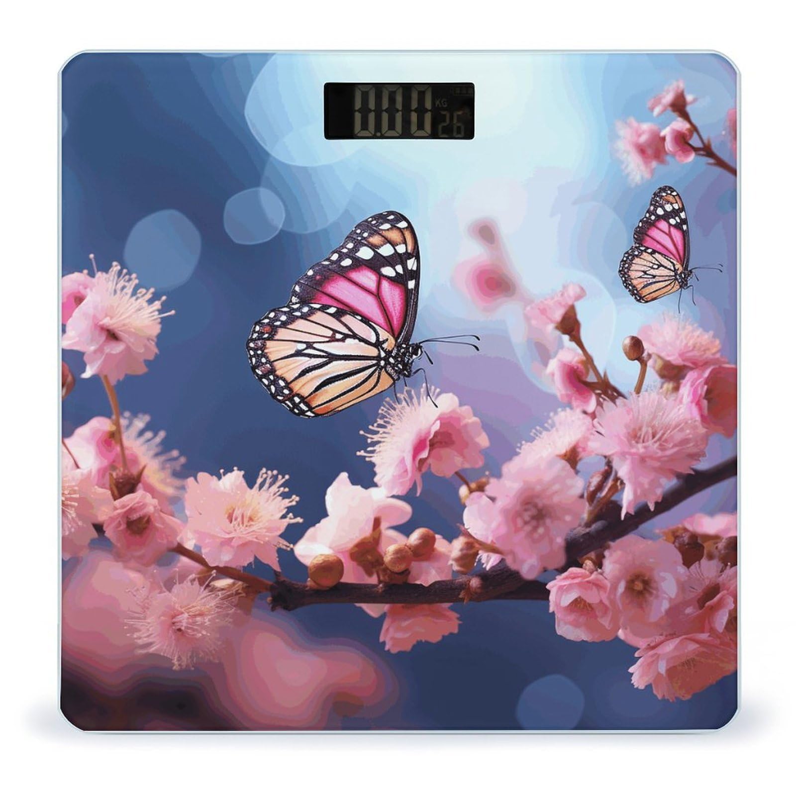 Bilancia digitale da bagno con fiori rosa e farfalle, bilancia digitale ad alta precisione, con display LCD trasparente BMI e misure step-on, peso fino a 180 kg