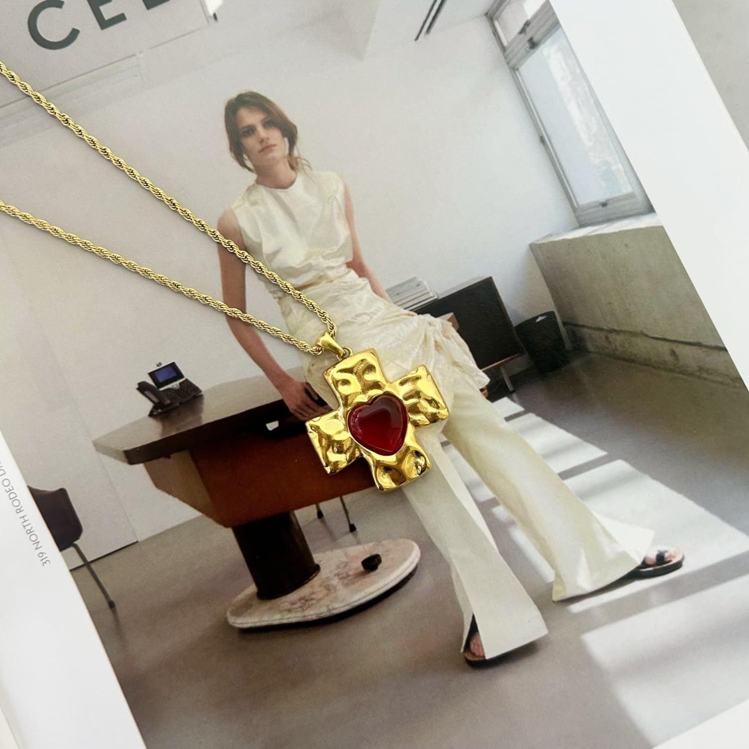 18K Gold Plated Stainless Steel Red Agate Heart Cross Pendant Necklace Retro Vintage Exclusive Versatile Gold Chain - Image 2