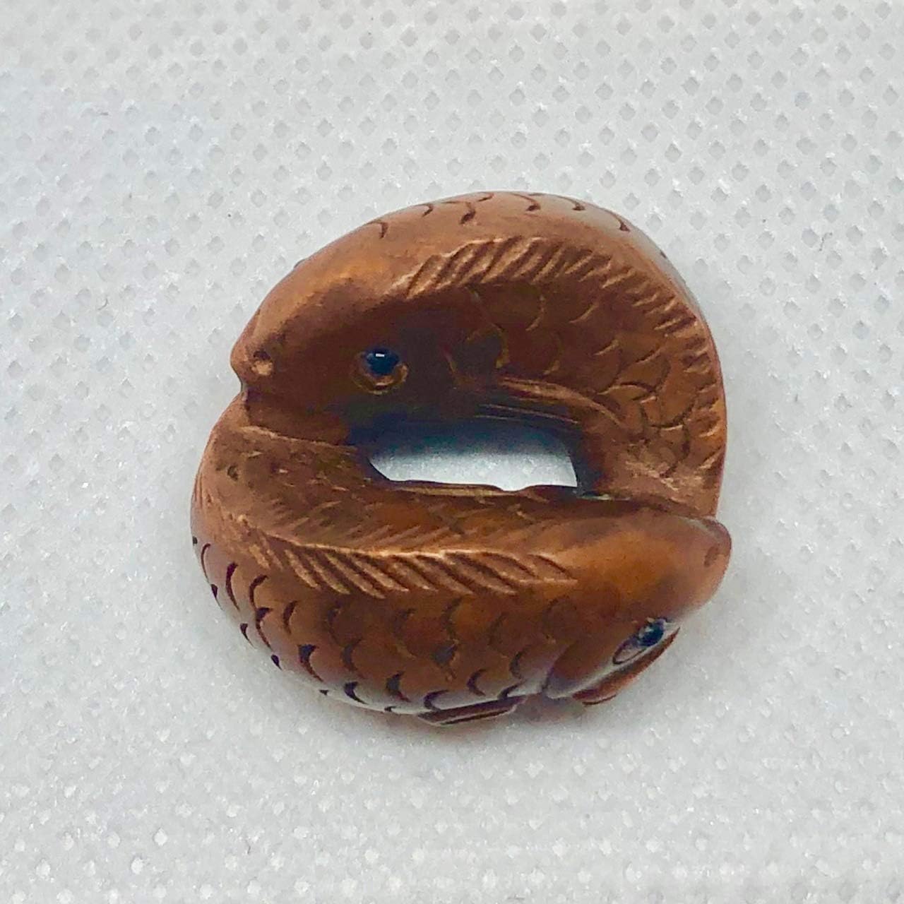 Pisces Hand Carved & Signed Boxwood Fish Ojime/Netsuke Bead for Jewelry Making