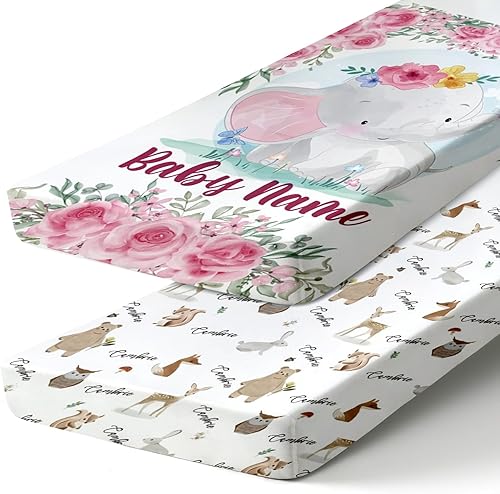 Miniatura 9 de Juego de ropa de cama personalizada para bebés y niñas, paquete de 2 sábanas portátiles para cuna de elefante con nombre, juego de ropa de cama