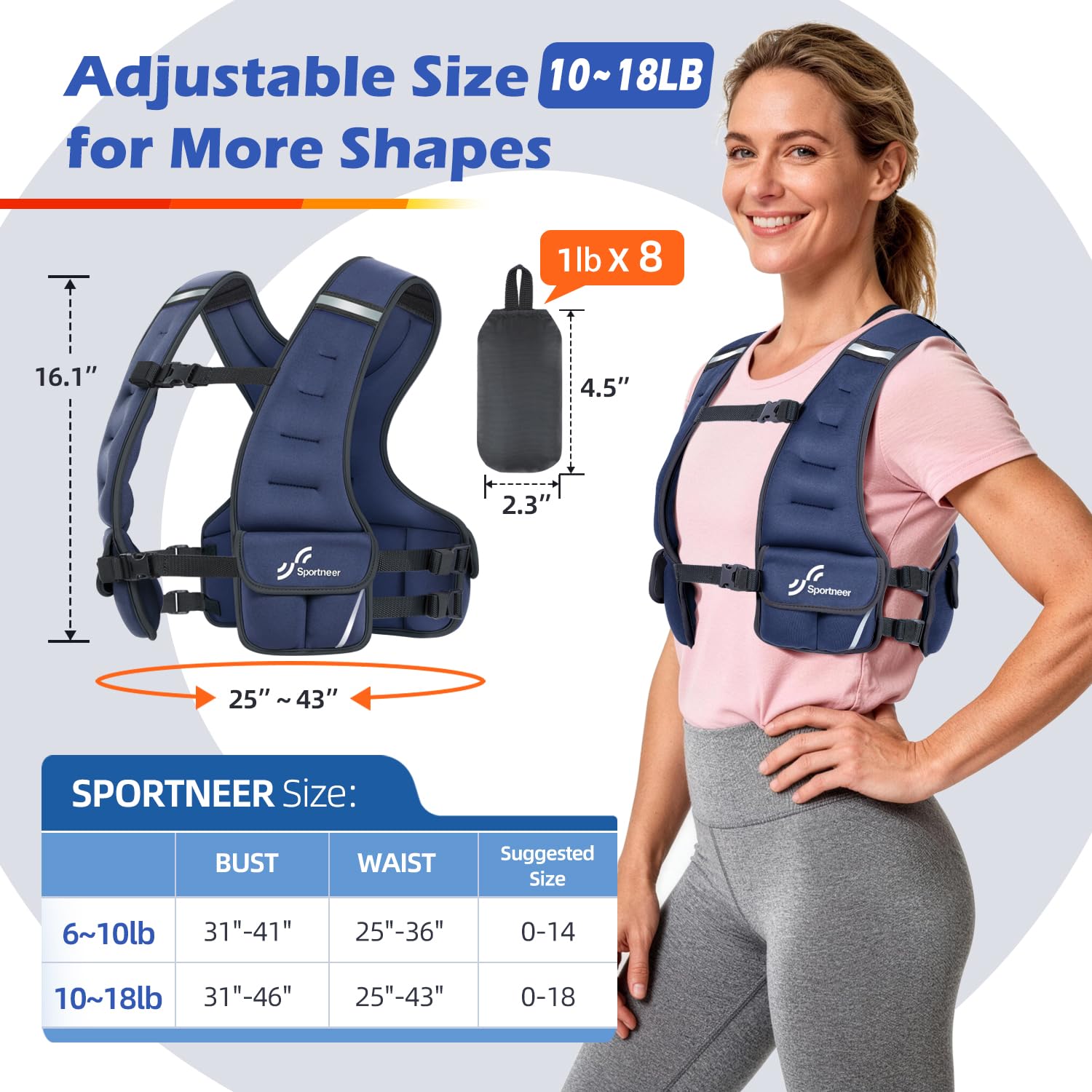 Sportneer Chaleco de peso ajustable para mujer, 8,16 kg, color azul