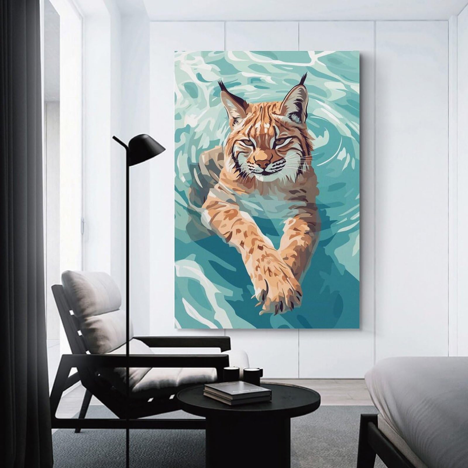 Junmoney Wall Picture Print Lynx Swimming in Water Illustration, 24x36inch(60x90cm), for Workspace Walls, Study Corners Or Bedrooms, A Smart Decor Choice for Study Walls