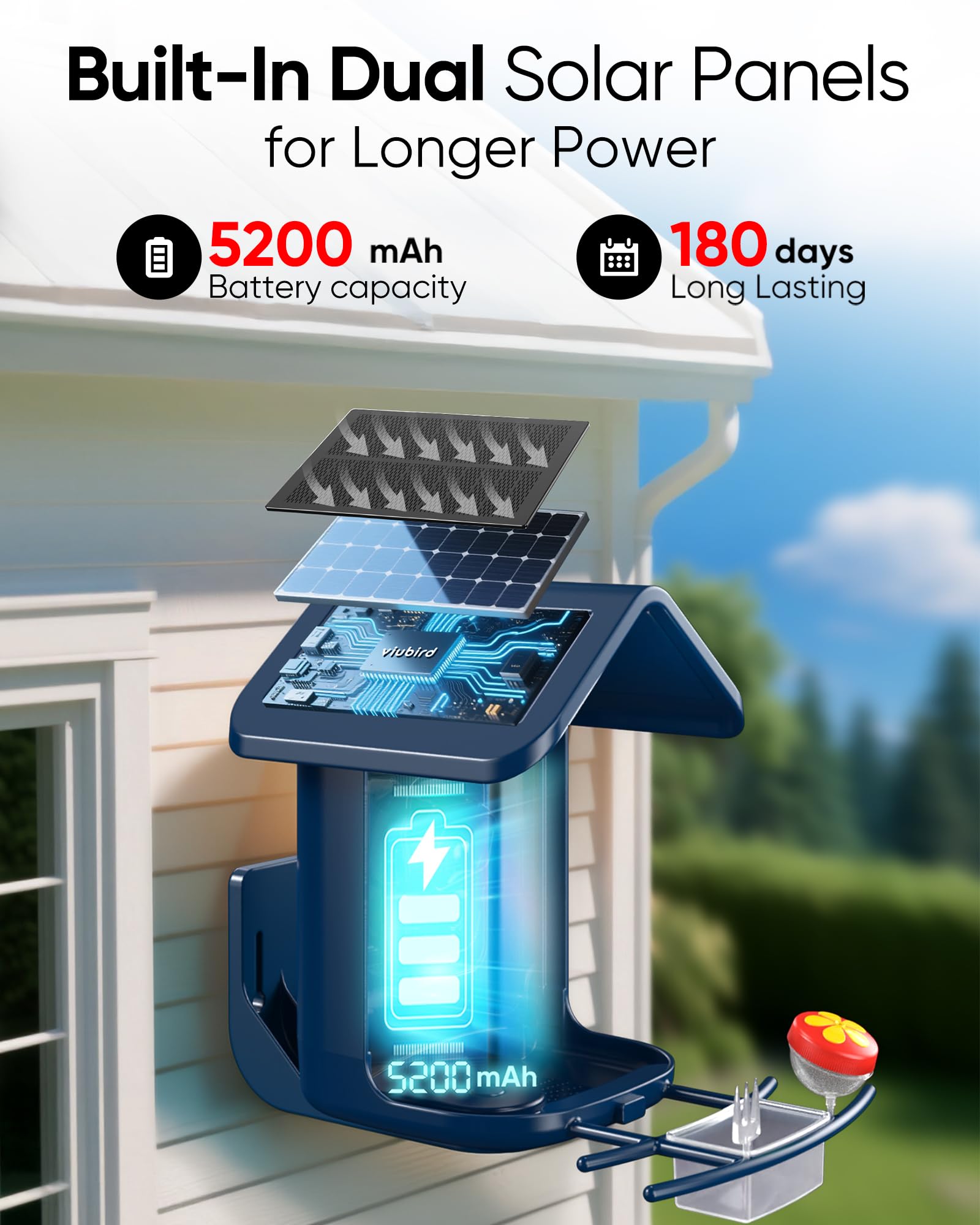 Comedero para pájaros con cámara: alimentador de cámara inteligente para pájaros alimentado por energía solar 2K Live Feed para patio trasero, identificación de IA de captura automática