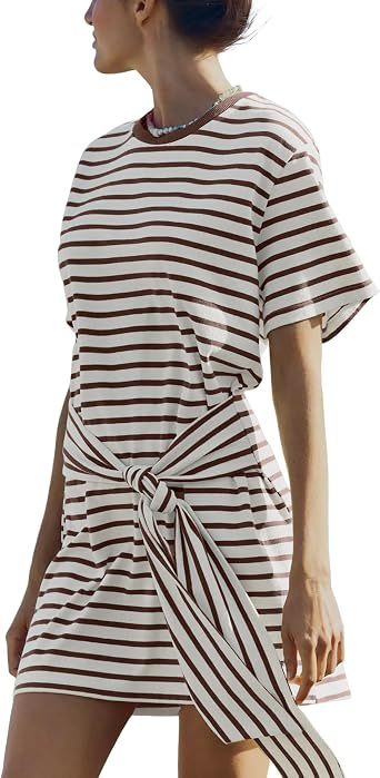 Qiaomai Womens Summer Striped Shirt Dresses Casual Crewneck Short Sleeve Tie Wrap Mini Bodycon Dress