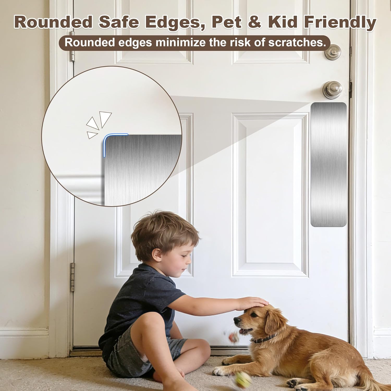 1 PCS 4"x14" Door Protector from Dog Scratching, Self-Adhesive Stainless Steel Door Kick Plate with Rounded Corners, Anti-Scratch Guard for Dogs & Cats, Brushed Fingerprint-Resistant Finish(Silver)