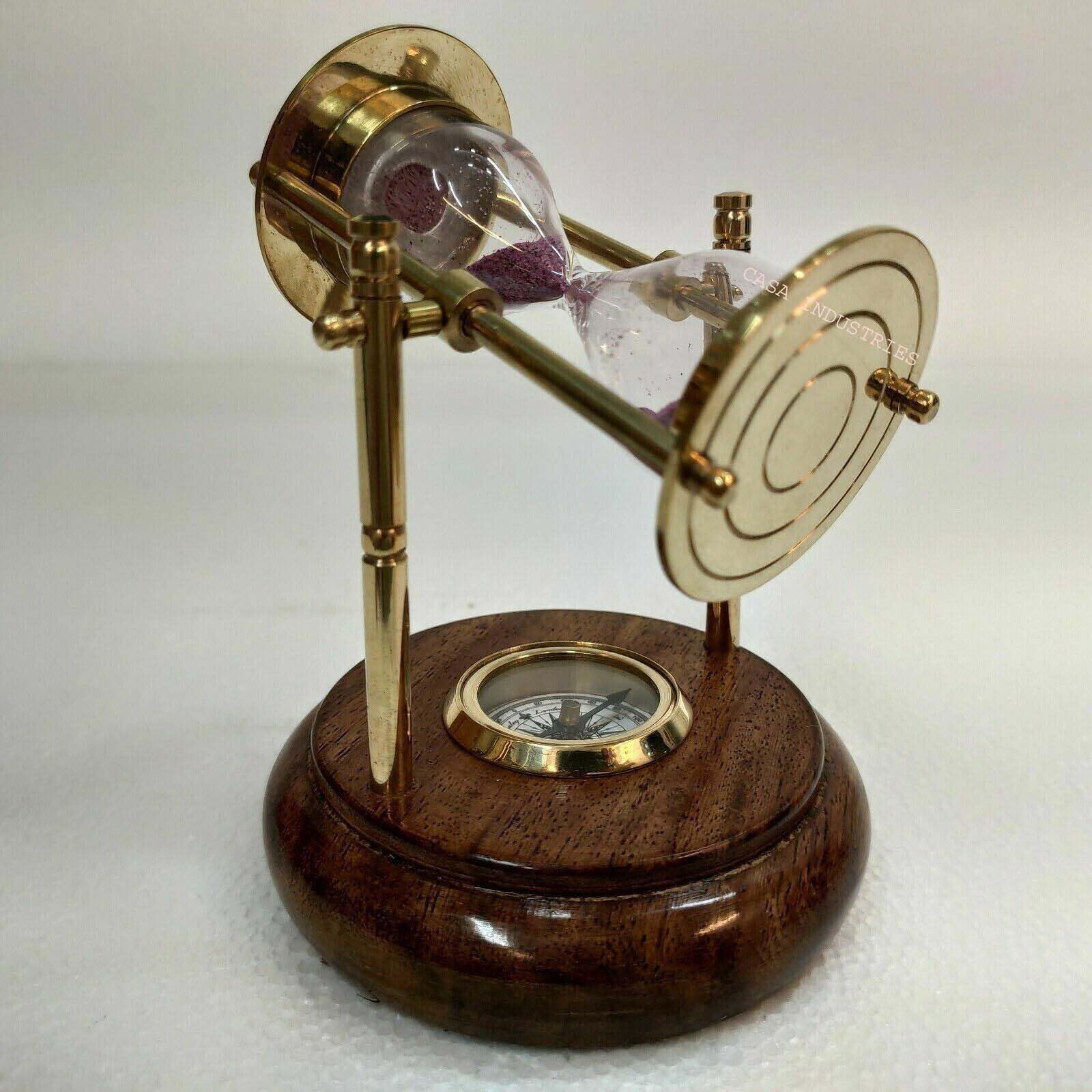 Reloj de arena giratorio de latón antiguo de 6 pulgadas, brújula con base de madera, regalo náutico