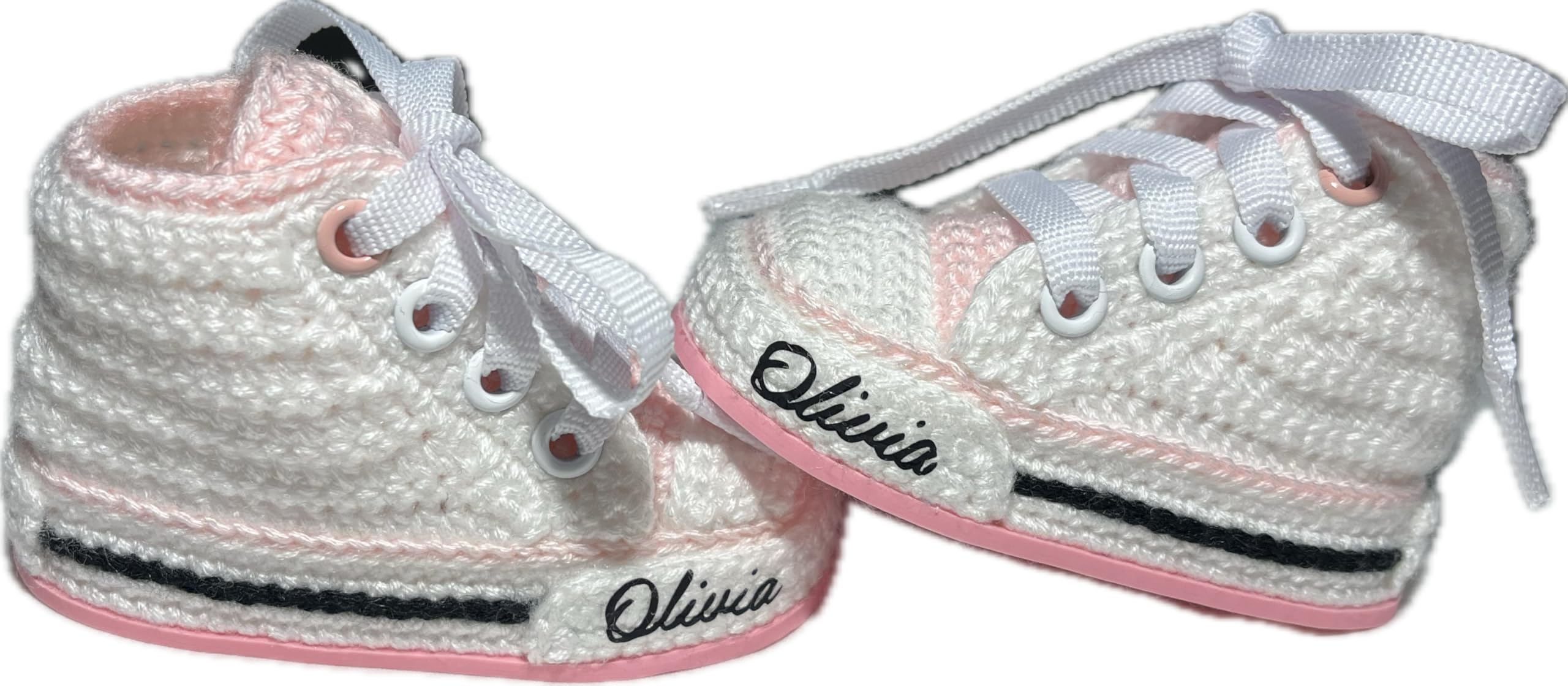 Scarpine Neonati all'Uncinetto, Sportive Alte con Linguetta Colorata, Bianco e Rosa, 0-12 Mesi, Personalizzazione Nome Gratuita