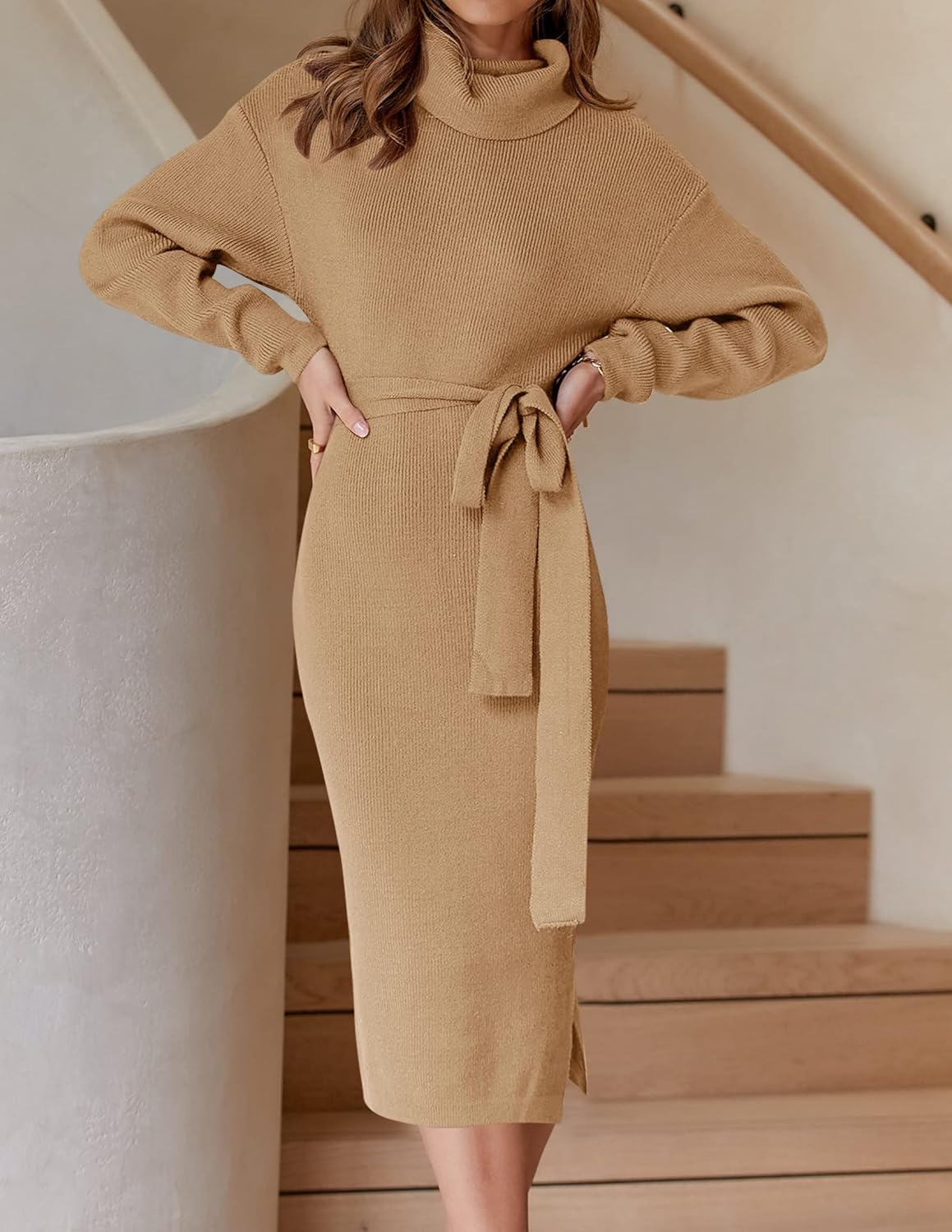 ZESICA Women's Turtleneck Sweater Midi Dress Long Sleeve Ribbed Knit Bodycon Slit Dress with Belt - Image 2