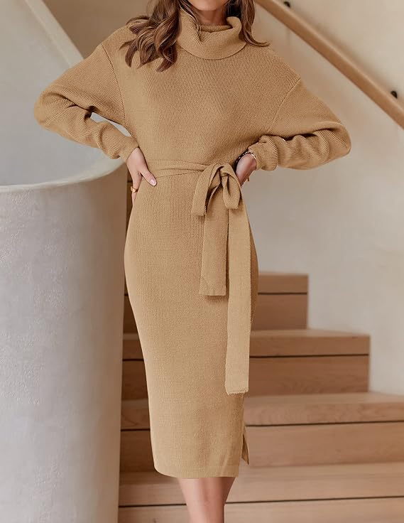 knit turtleneck sweater long bell sleeve slit midi dresses ZESICA Women's Bodycon El Salvador March24