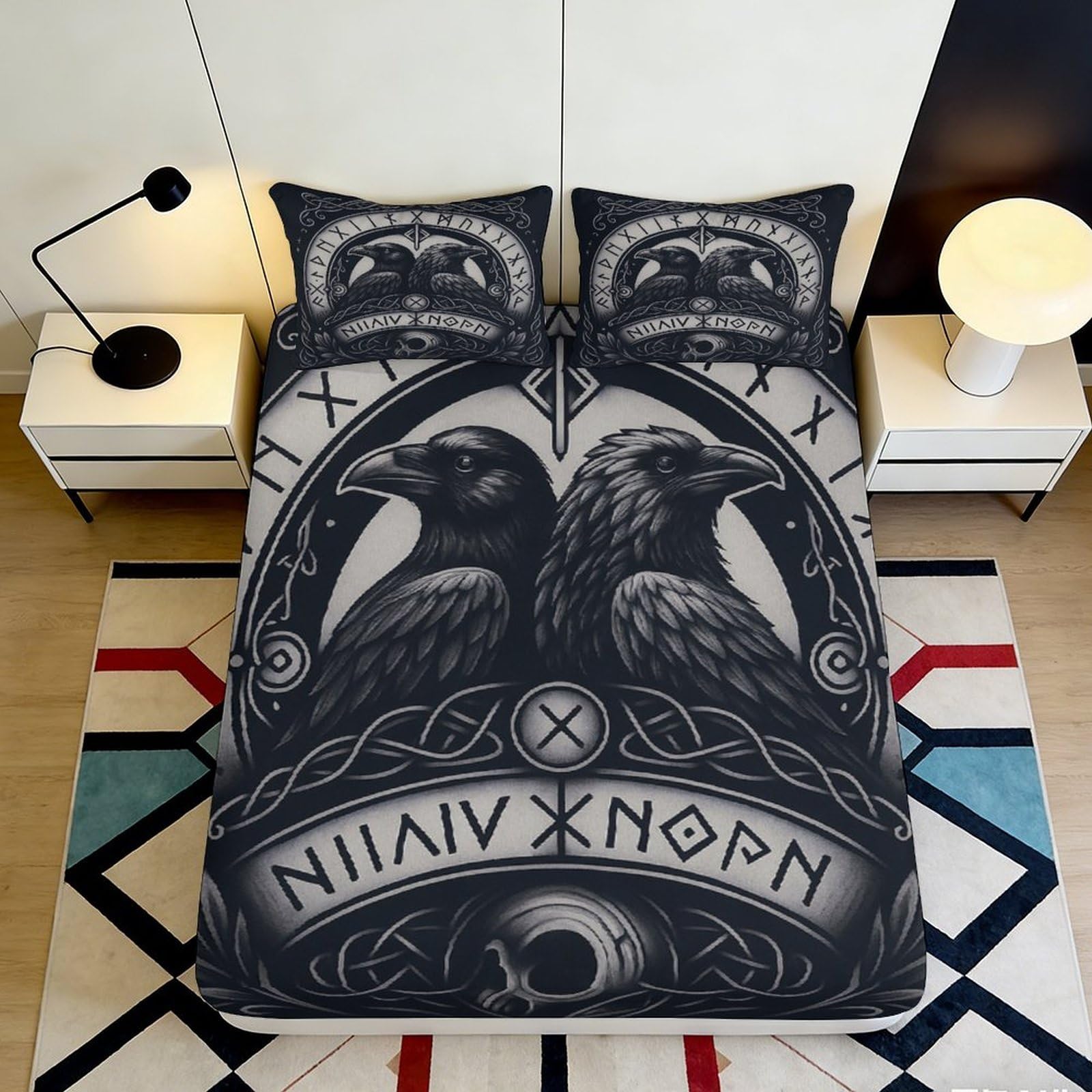 3D Printed Norse Raven Fitted Sheet Microfiber Soft Black Viking Skull Mattress Cover for Bedroom Dorm Mattress Protector 140x200x25cm