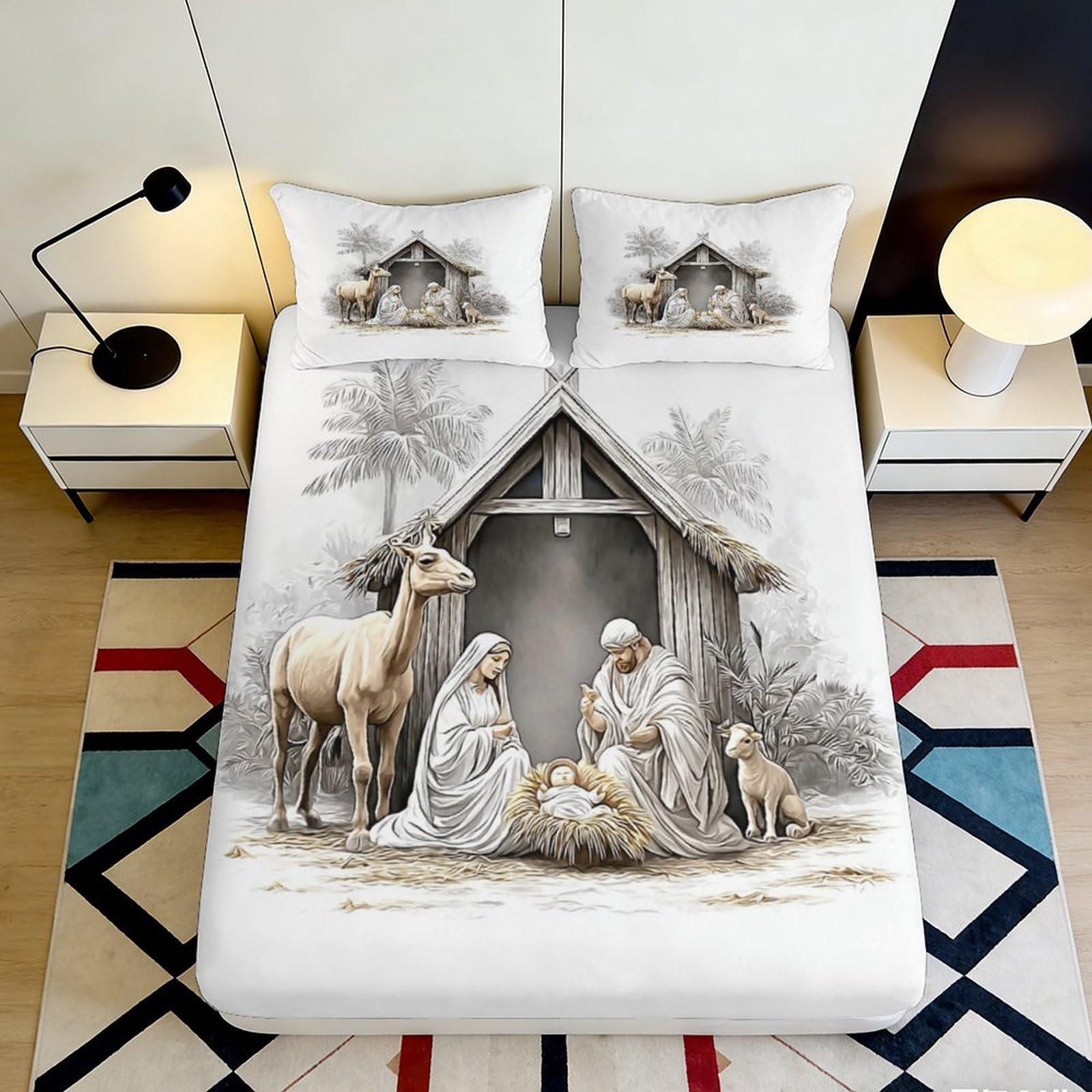 Pnayamiorkfel Style-1 3D Printed Nativity Scene Fitted Sheet Microfiber Soft Washable Christmas Stable Bed Cover For Bedroom Guest Room Decor 90X200x25cm