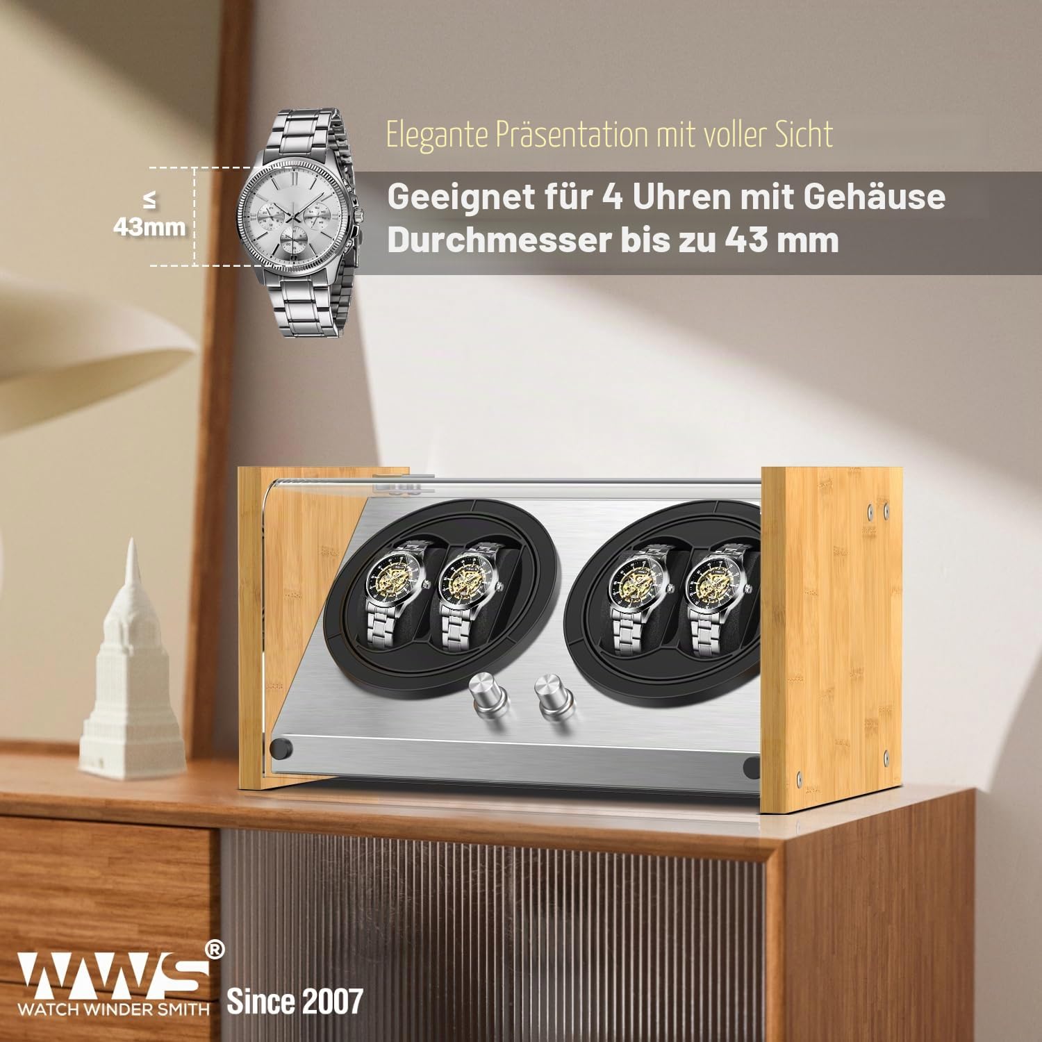 Watch Winder Smith Uhrenbeweger Box 4 für Automatikuhren, kompatibel, Handwerkskunst aus 100% Bambusholz, patentiertes Gehäuse, AC oder batteriebetrieben, super leiser japanischer Motor