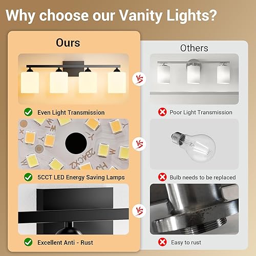 Miniatura 149 de Quntis Lámparas de baño negras de 4 luces con 5 modos de color, lámpara de tocador moderna regulable de 27 pulgadas sobre espejo, lámpara de pared