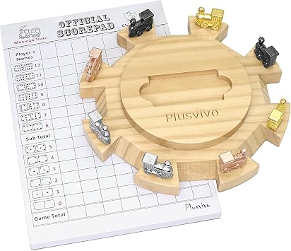 plusvivo Mexican Train Dominoes Accessories, Mexican Train Dominoes Set 3 PCS- 1* Pine Wooden Mexican Train Hub, 8 * Metal Colorful Mexican Train Markers, 1 * 70-Sheet Mexican Train Score Pads