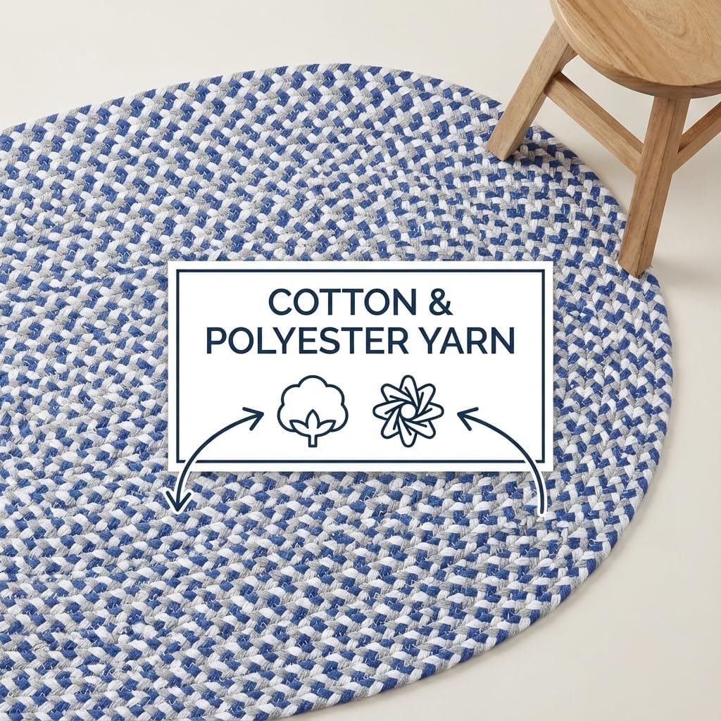 Super Area Rugs Tri-Color Cotton Farmhouse Braided Rug - Buffalo Check Blue,White,Gray 2' X 3' Oval