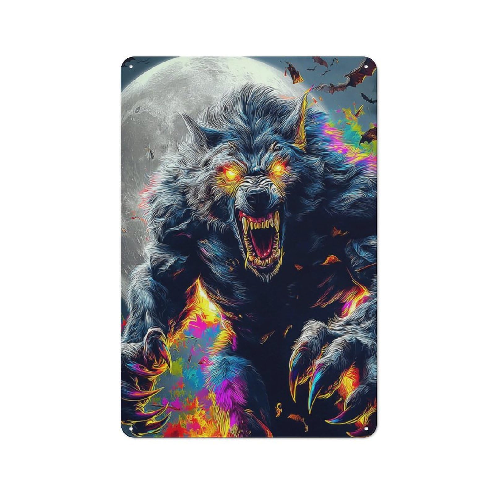 Junmoney Colorful Werewolf Moonlit Roar Metal Wall Plaque With Design 30X20cm, Old Fashioned Vintage Wall Decor For Living Room, Hallway, Kitchen Or Cafe