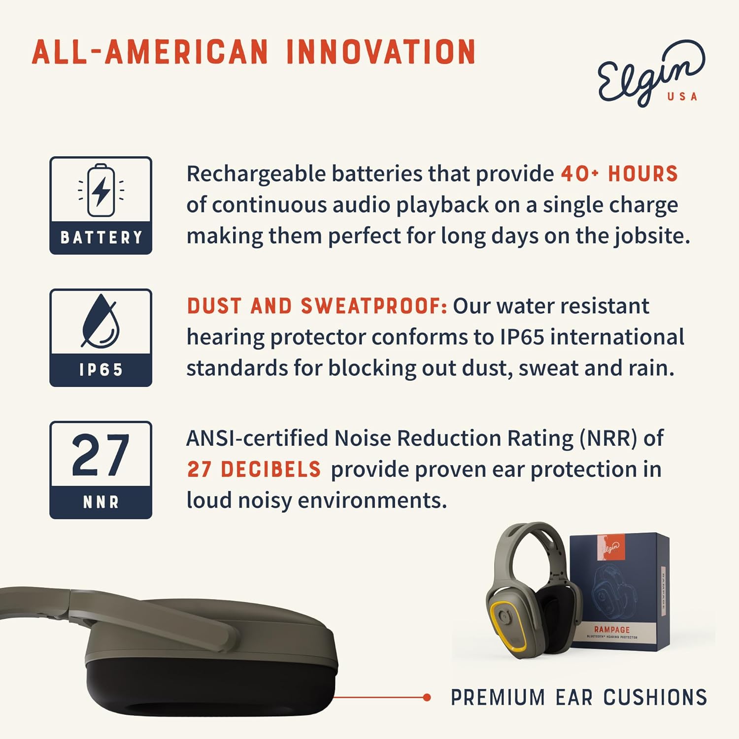 Elgin Rampage Bluetooth Hearing Protection Headphones, OSHA Compliant, 25 dB NRR, Noise Isolating Microphone, 40+ Hour Battery, IP65 Rated, Ideal for Construction, Landscaping, Industrial Use - Image 3