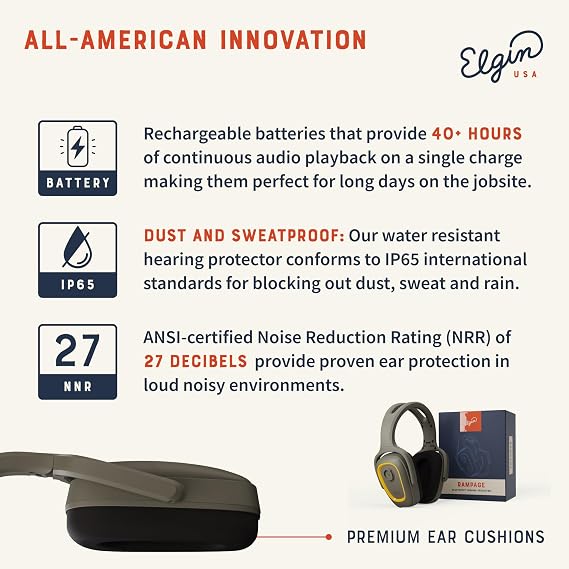 Elgin Rampage Bluetooth Hearing Protection Headphones, OSHA Compliant, 25 dB NRR, Noise Isolating Microphone, 40+ Hour Battery, IP65 Rated, Ideal for Construction, Landscaping, Industrial Use
