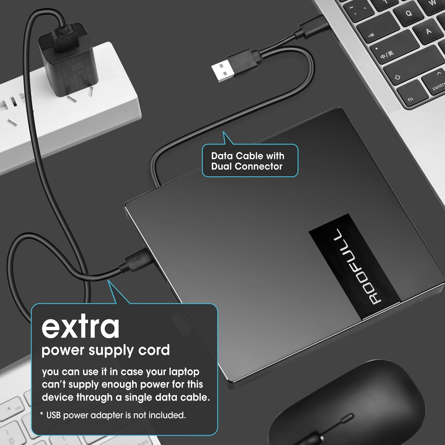 ROOFULL RF40-SU connected to a power outlet using the extra power supply cord