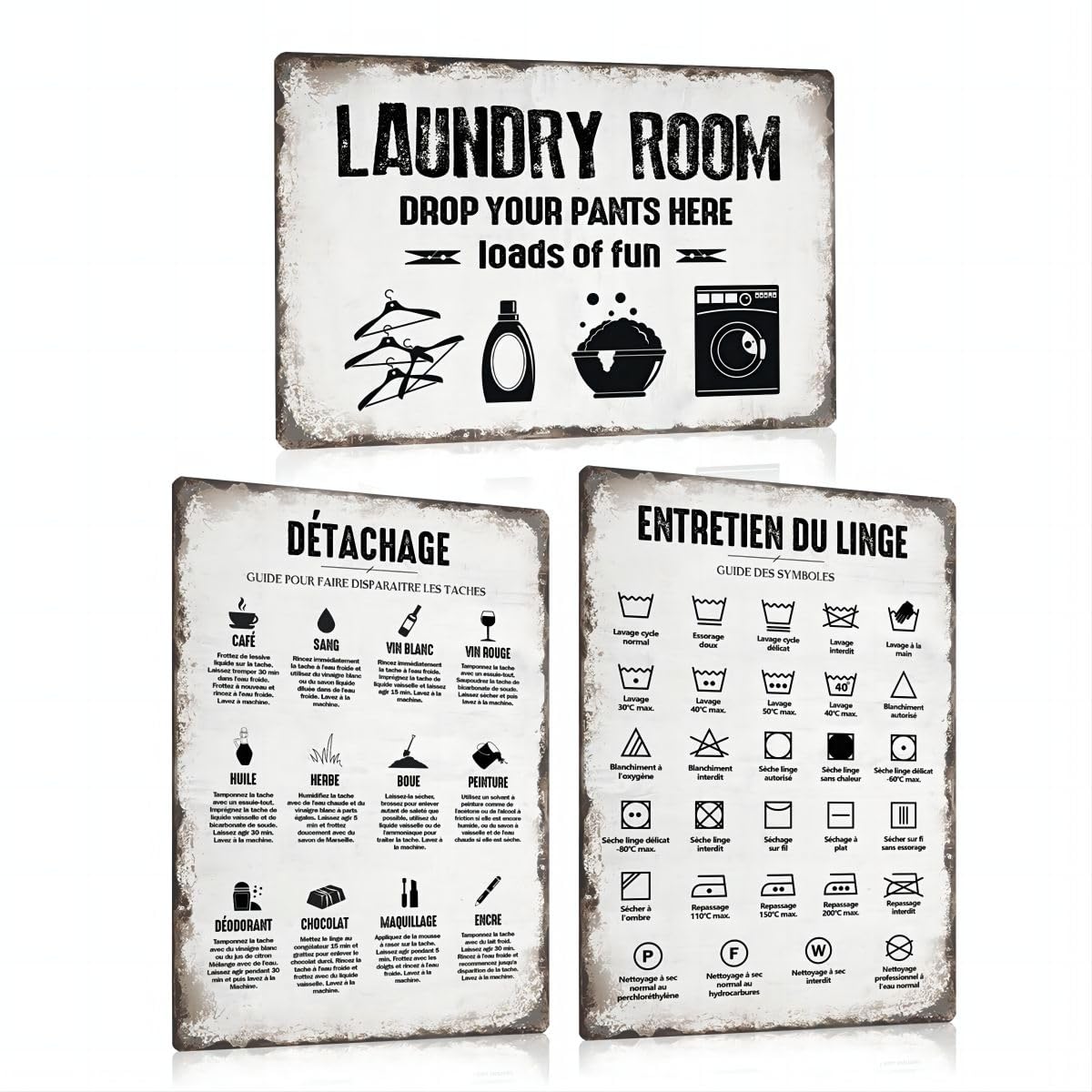 3개 세트 - 세탁소 간판 빈티지 프랑스 금속 간판 20 X 30CM - 세탁소 간판 데코 액세서리 - 화장실 포스터 욕실 포스터  화장실 그림 벽 장식 금속-Freehip.co.kr