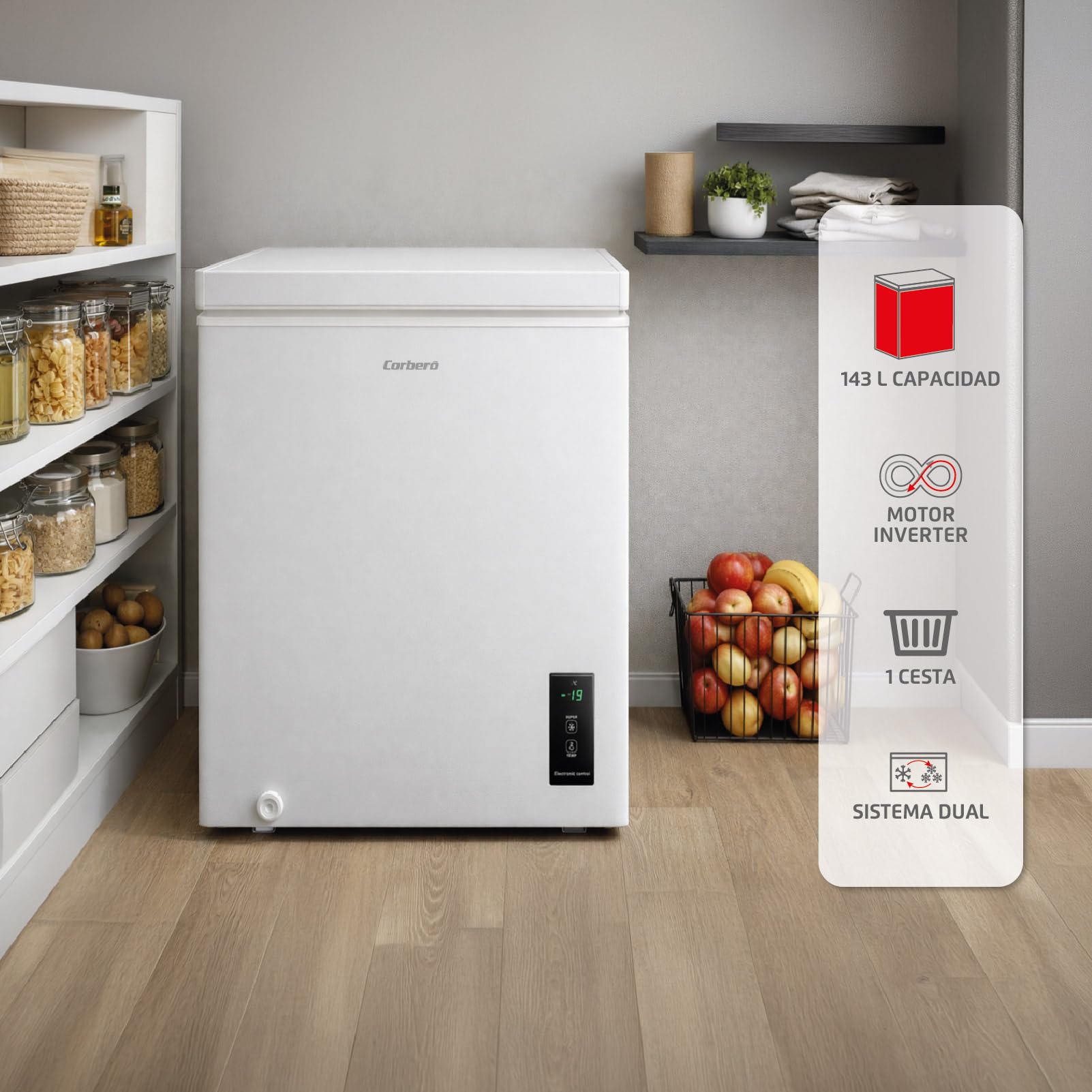 Corberó - Cassapanca congelatore | CCHM1506M | Statico | 143 L | 85 cm | 37 dB | 1 cestino flessibile | Sistema doppio e super congelamento | Bianco